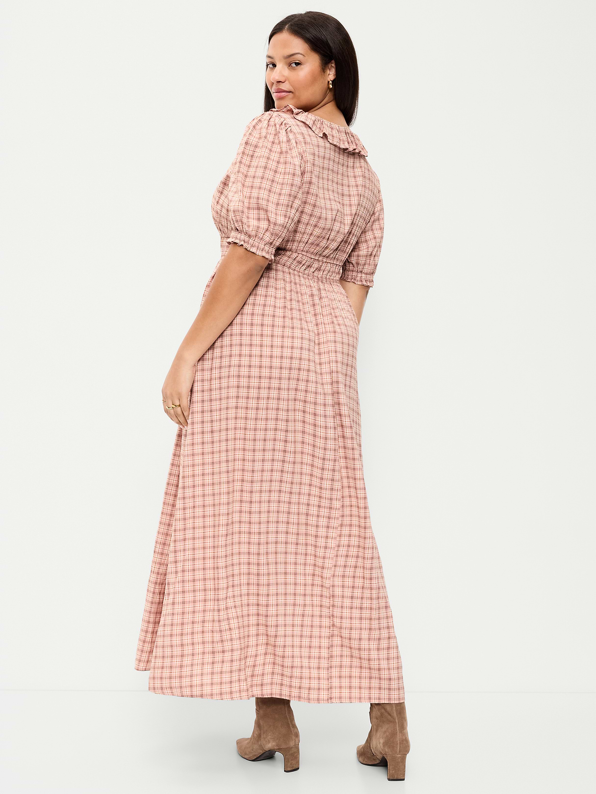 Ruffle-Collar Boho Maxi Dress - Pink Plaid
