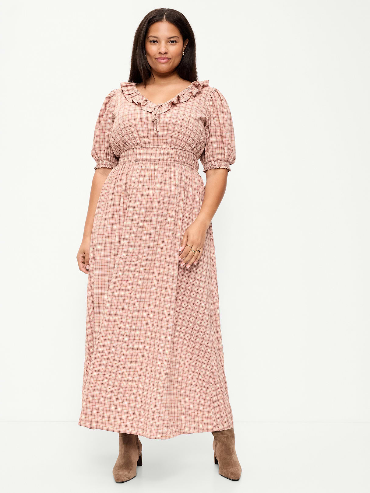 Ruffle-Collar Boho Maxi Dress - Pink Plaid