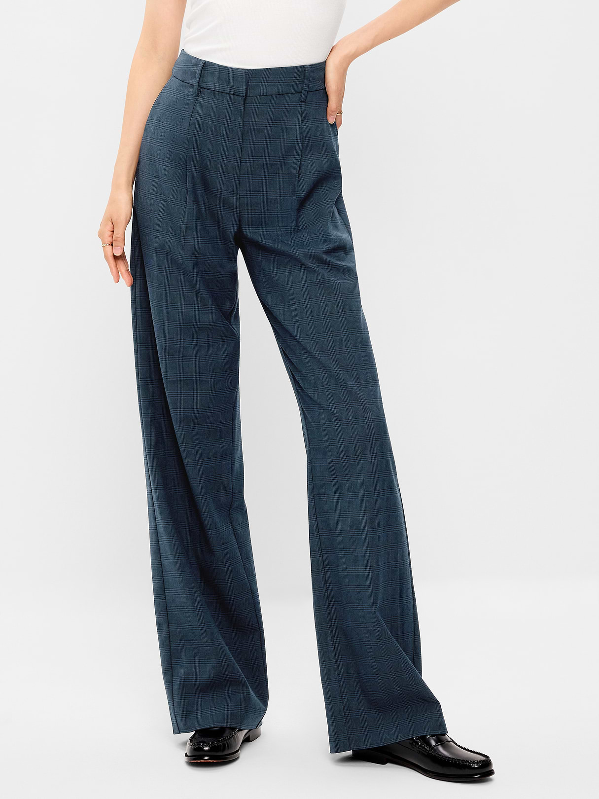 Extra High-Waisted Taylor Wide-Leg Trouser Pants - Navy Plaid