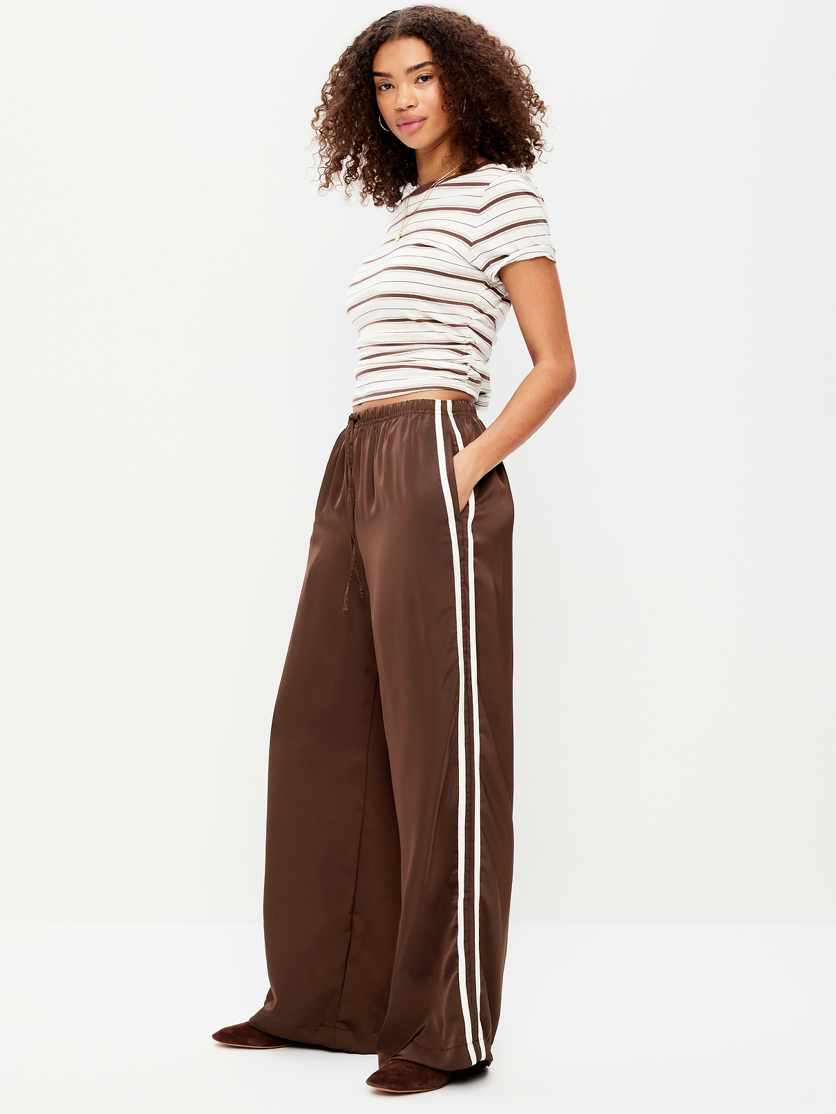 High-Waisted Satin Track Pants - Earthen