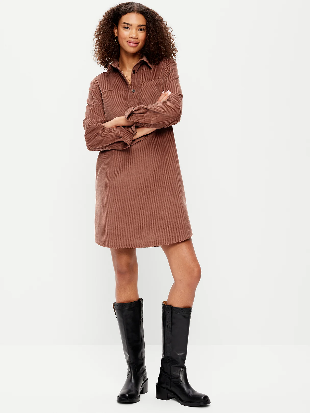 Long-Sleeve Button-Down Mini Shirt Dress - Saddle