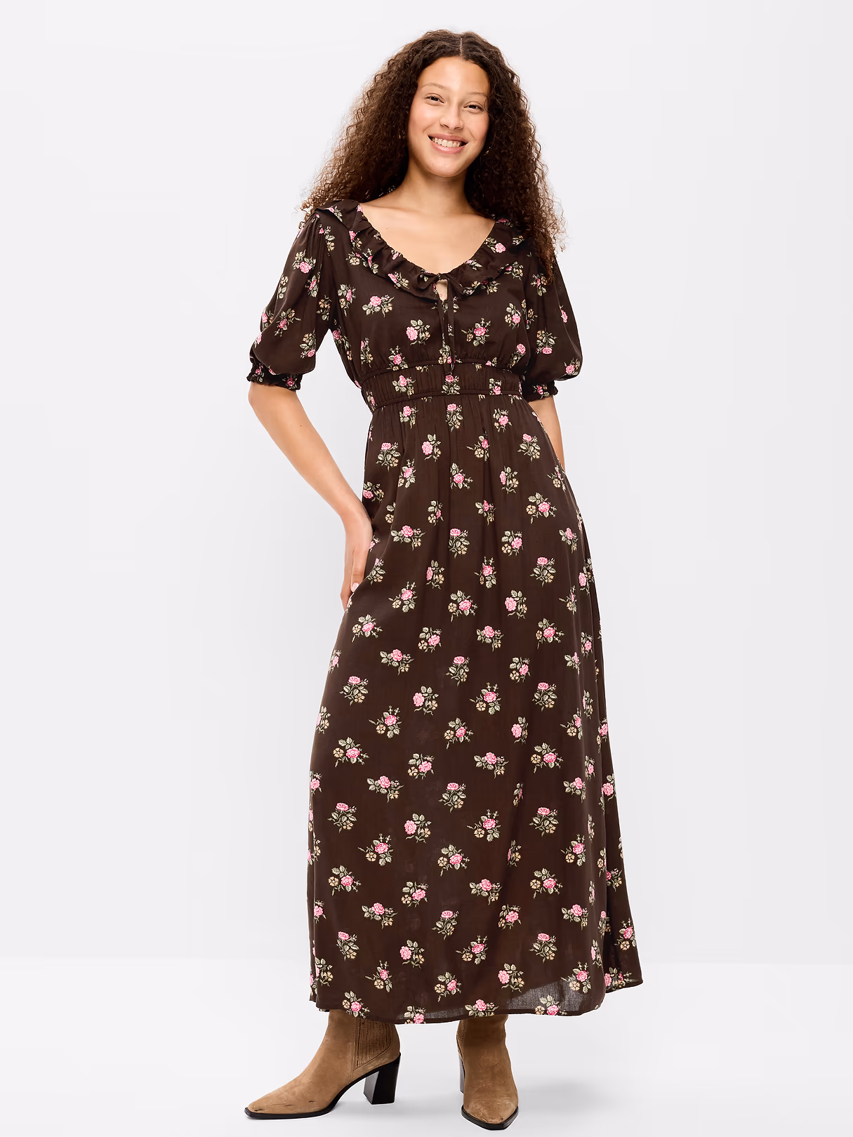 Ruffle-Collar Boho Maxi Dress - Brown Floral