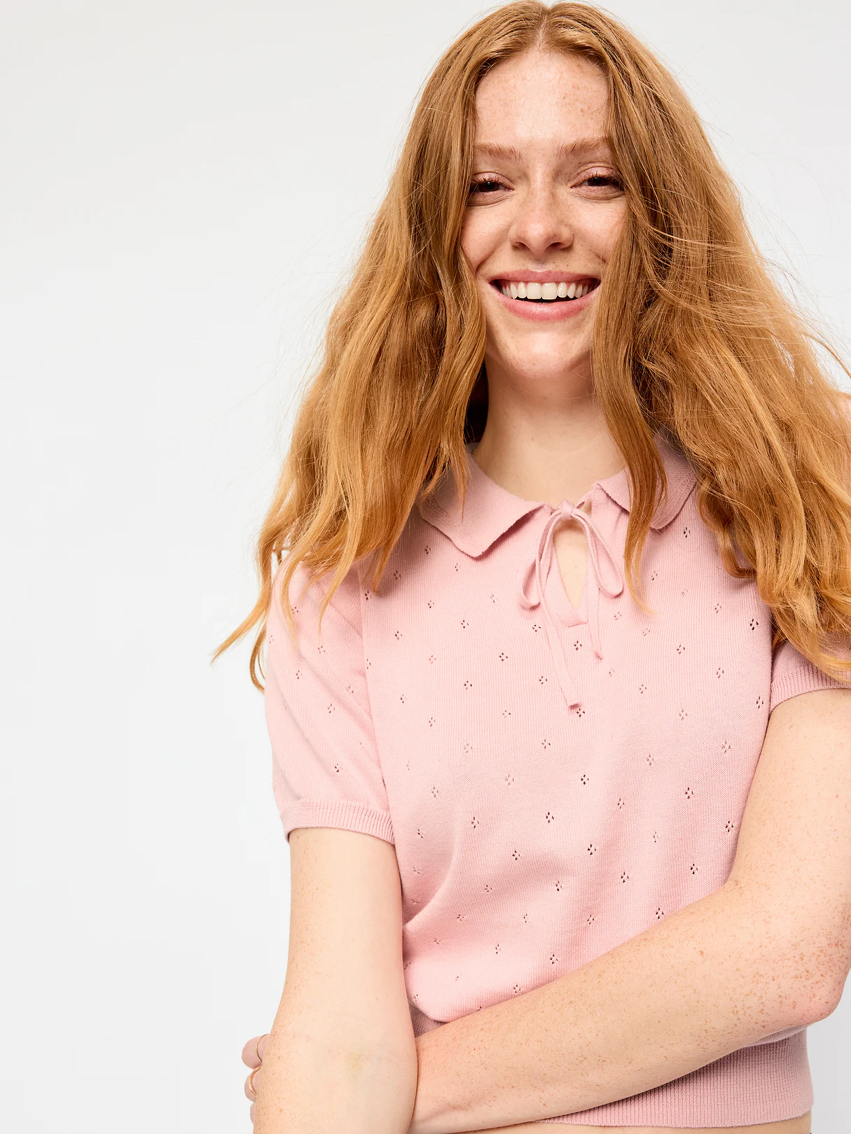 Tie-Front Seaside Cotton Pointelle Cropped Polo - Abalone Pink