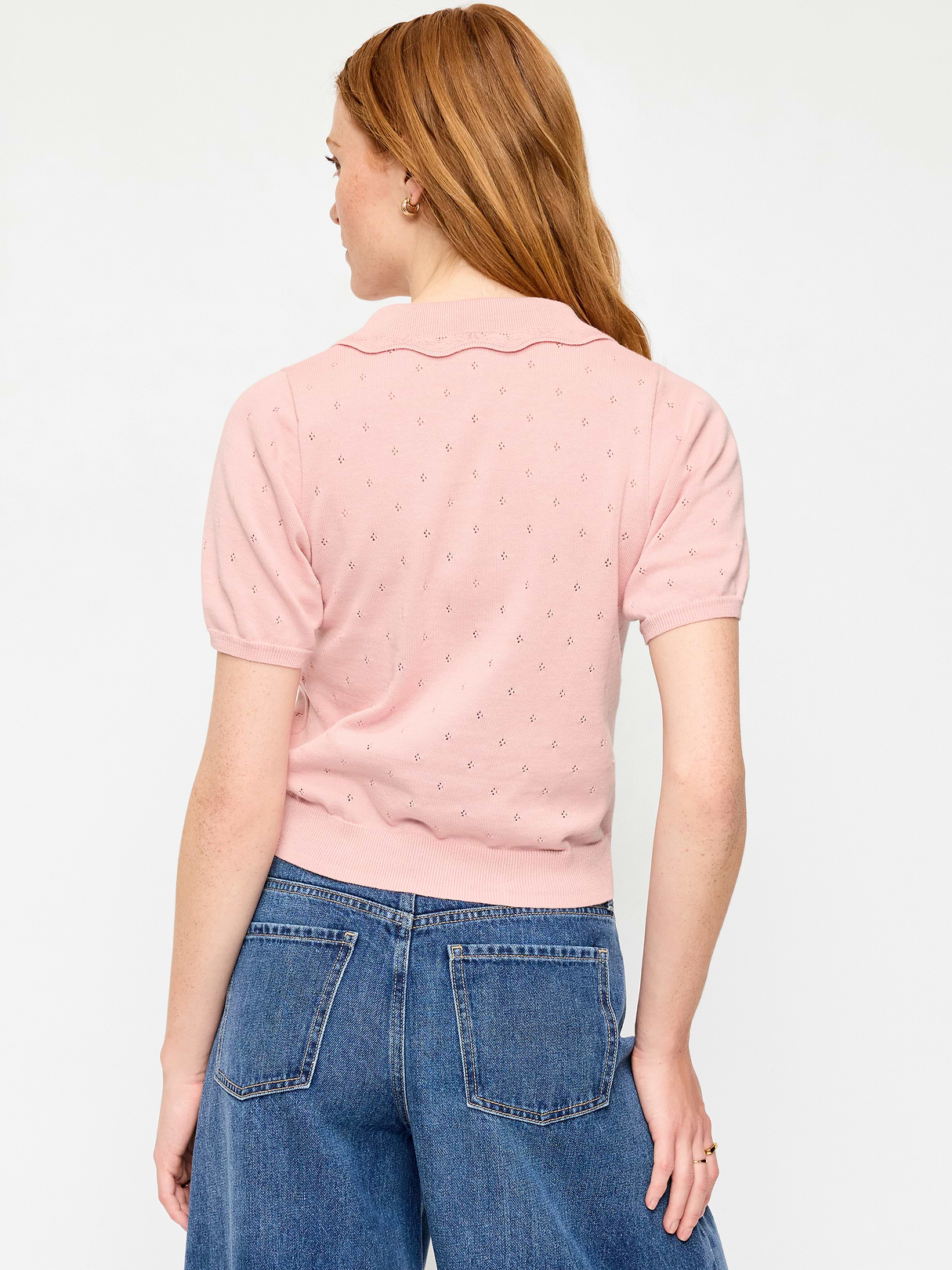 Tie-Front Seaside Cotton Pointelle Cropped Polo - Abalone Pink