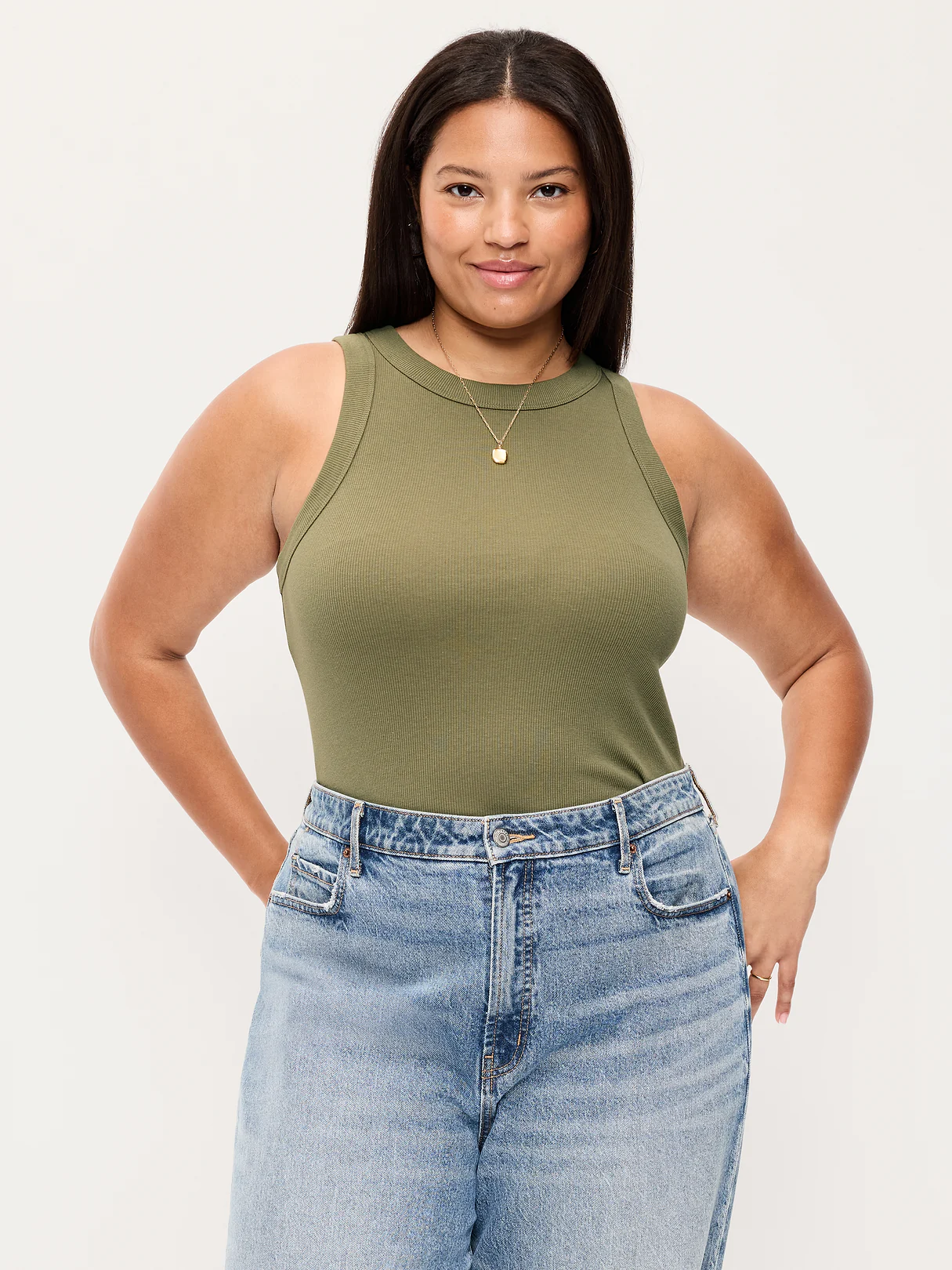 Crop Ribbed Tank Top - Dill Caper