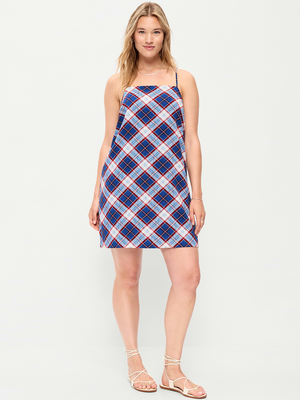 Strappy Mini Shift Dress - Blue Plaid
