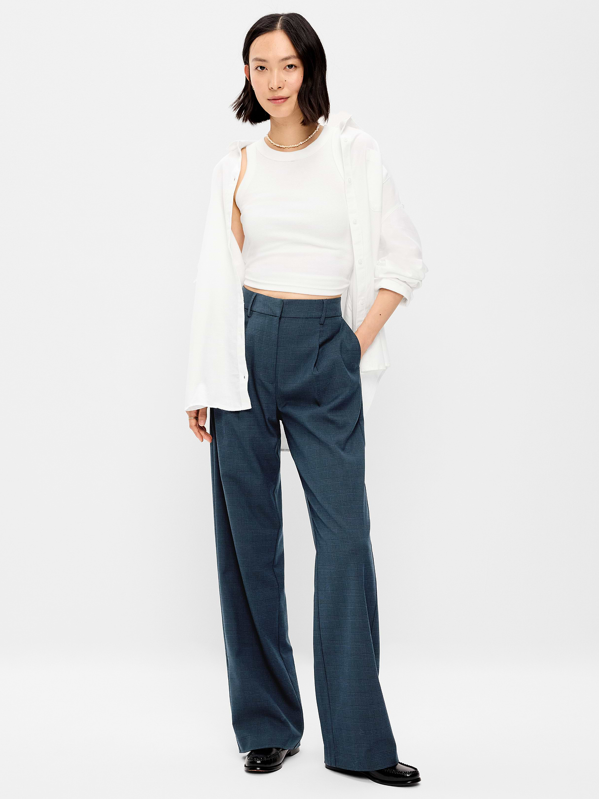 Extra High-Waisted Taylor Wide-Leg Trouser Pants - Navy Plaid