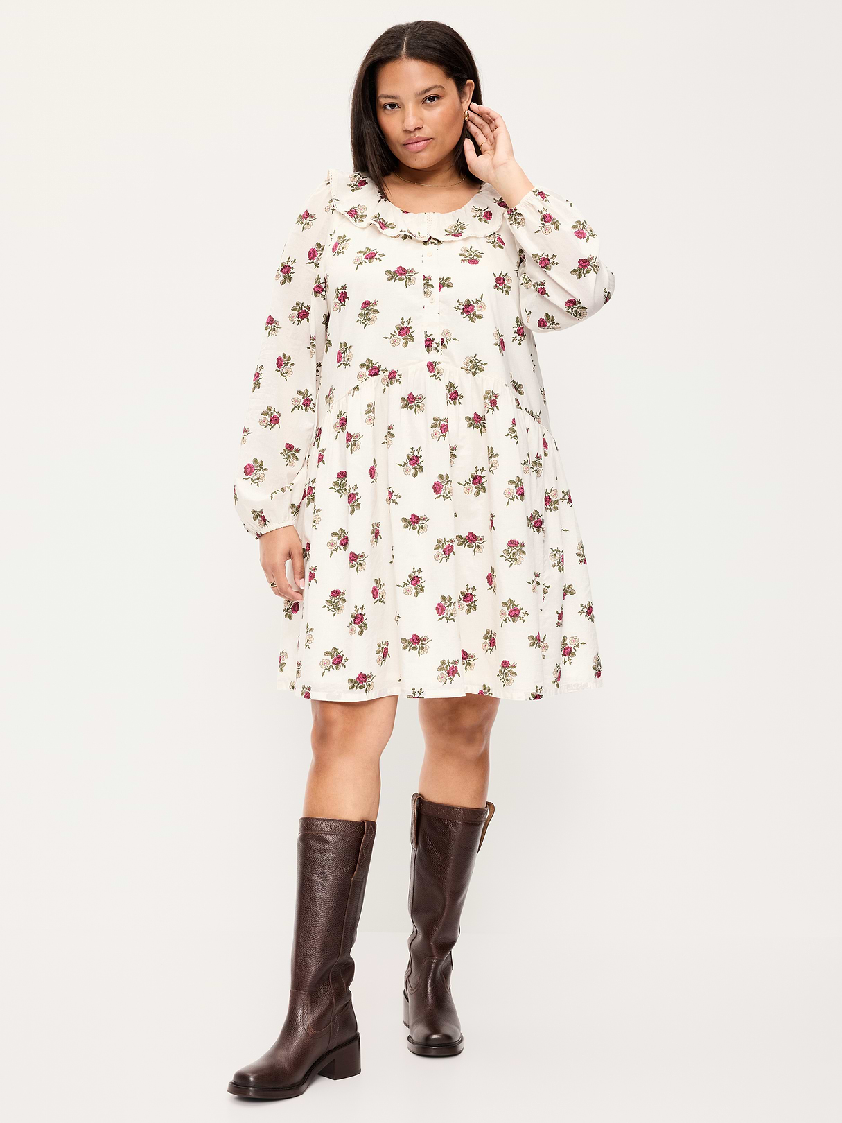 Long-Sleeve Ruffle-Collar Swing Mini Dress - White Floral
