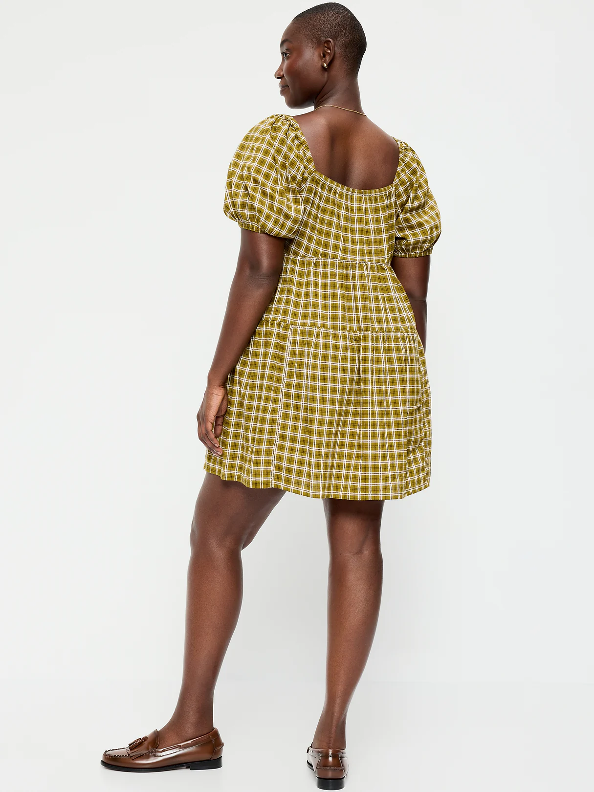 Puff-Sleeve Smocked Mini Swing Dress - Green Plaid