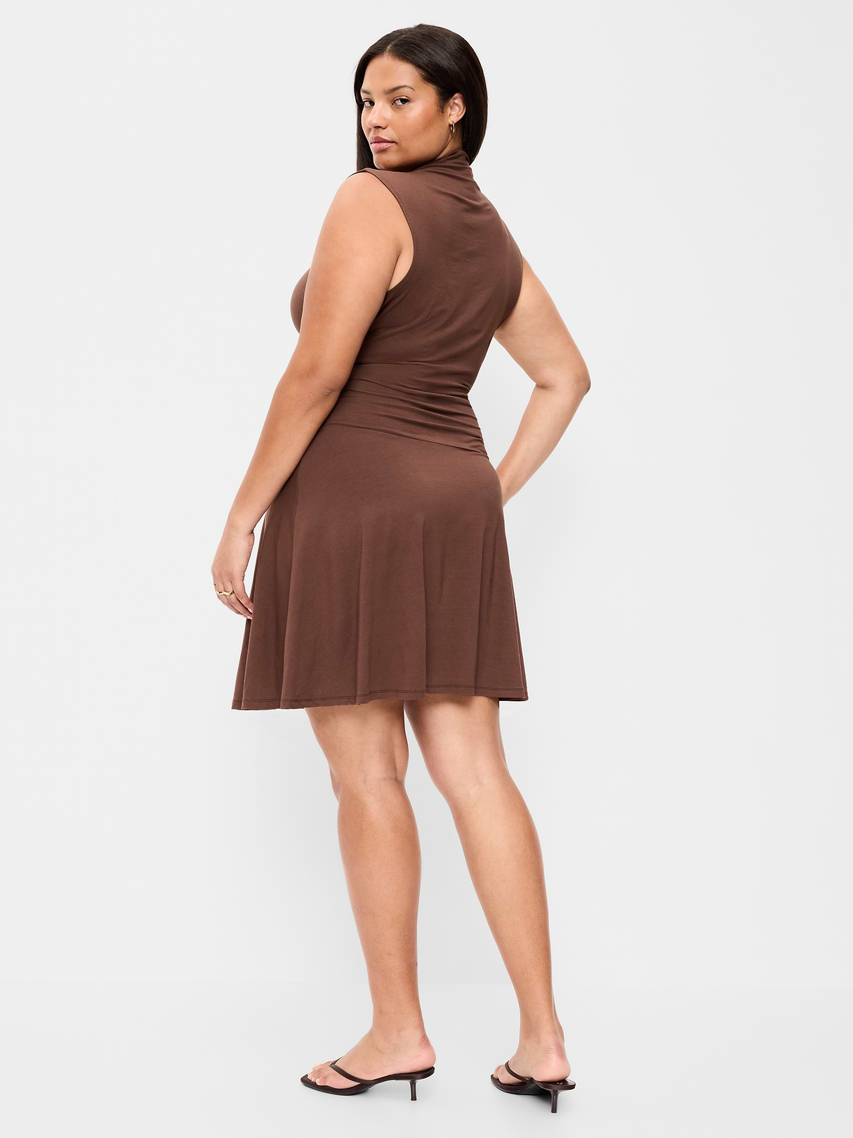 Gathered Mock-Neck Drop-Waist Mini Dress - Peppercorn