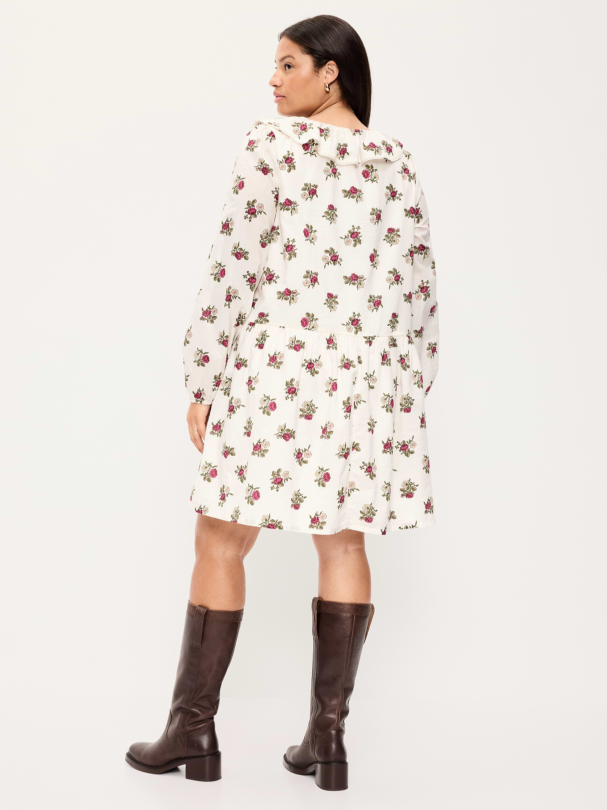 Long-Sleeve Ruffle-Collar Swing Mini Dress - White Floral