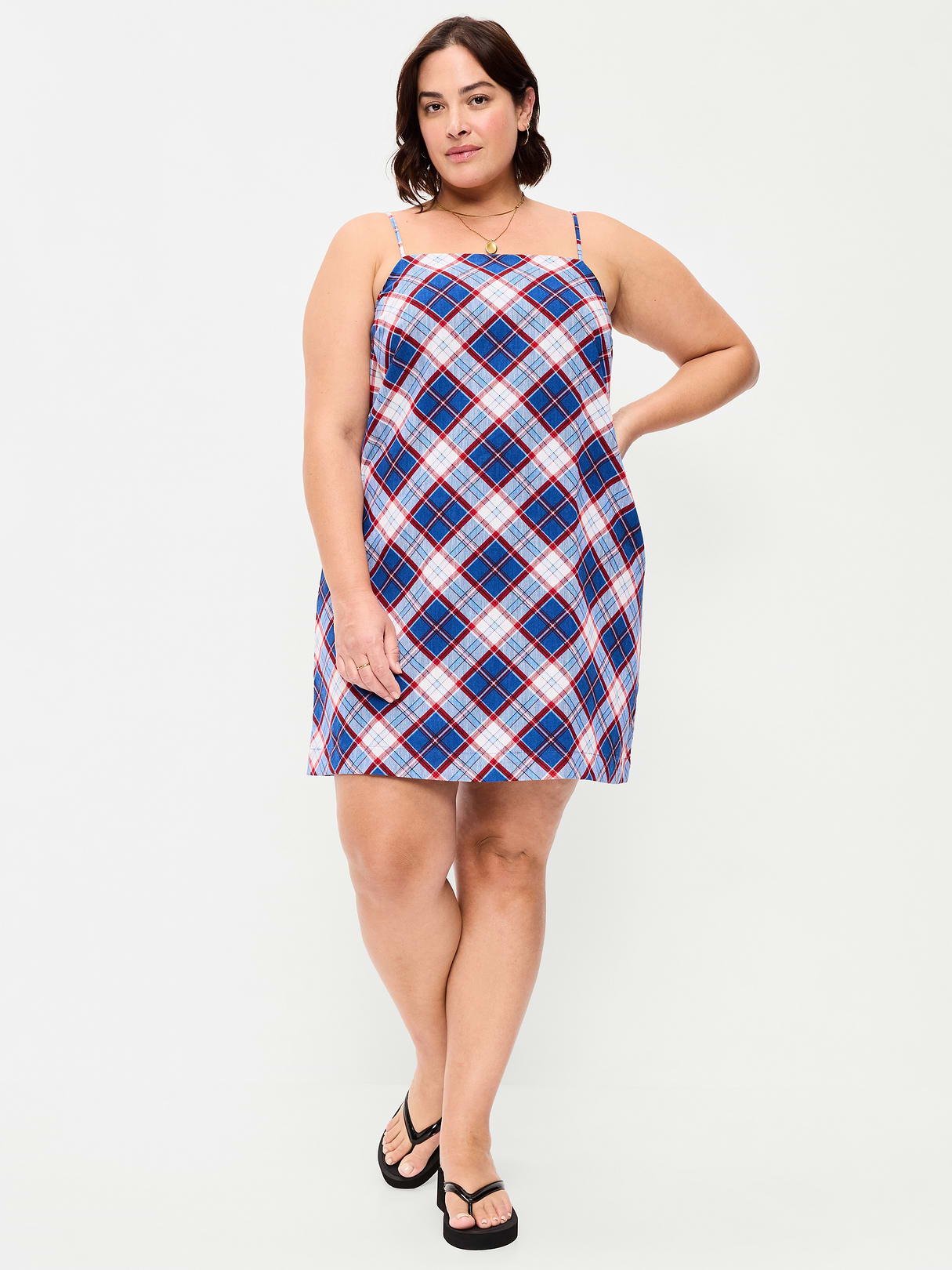 Strappy Mini Shift Dress - Blue Plaid
