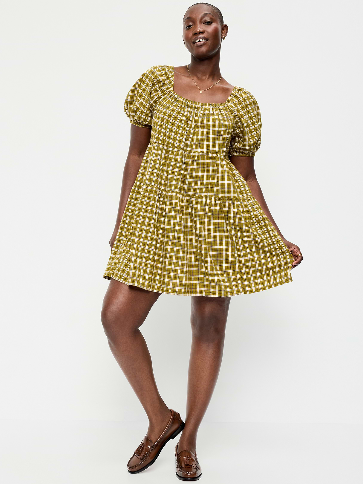 Puff-Sleeve Smocked Mini Swing Dress - Green Plaid