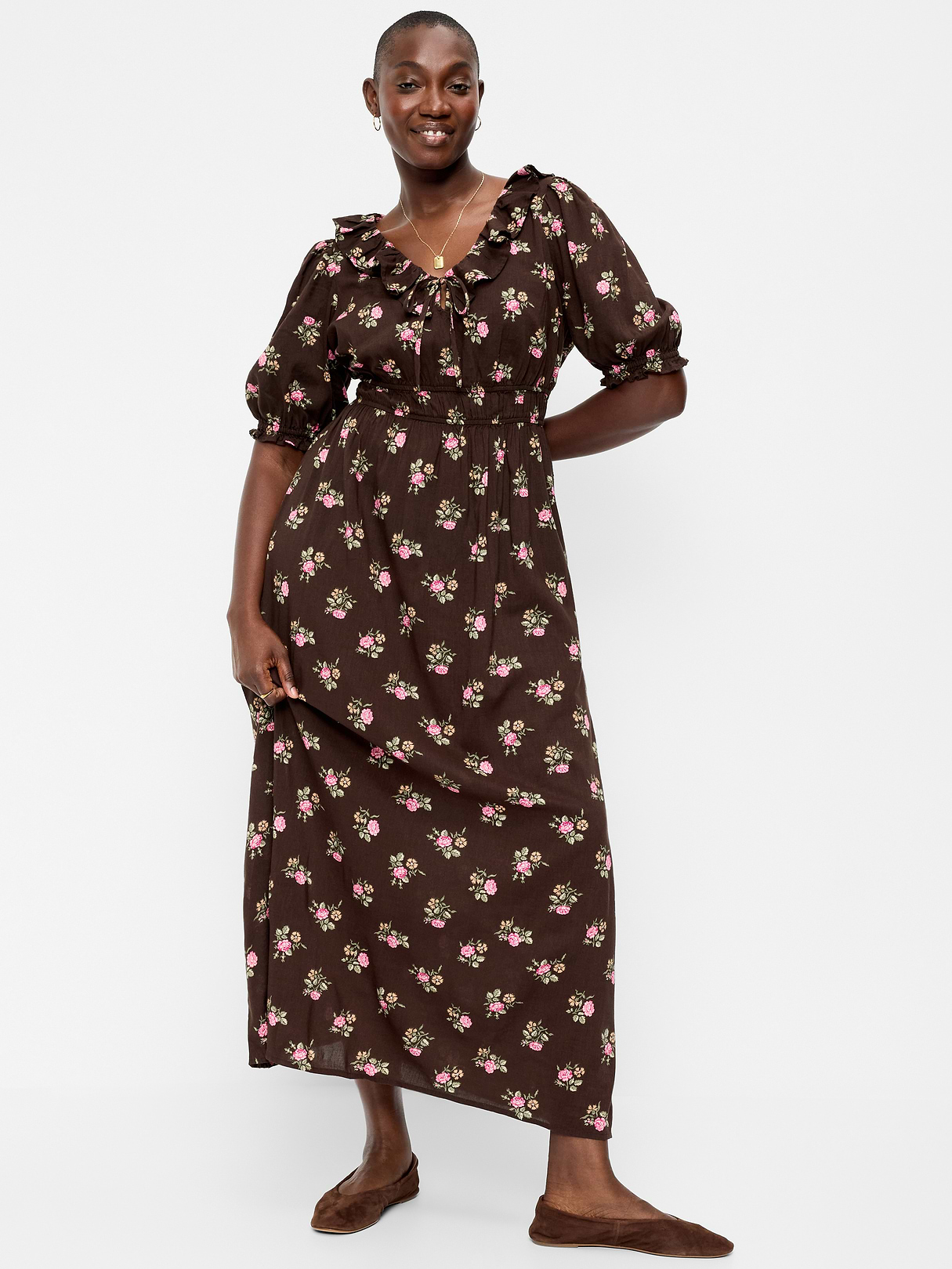 Ruffle-Collar Boho Maxi Dress - Brown Floral