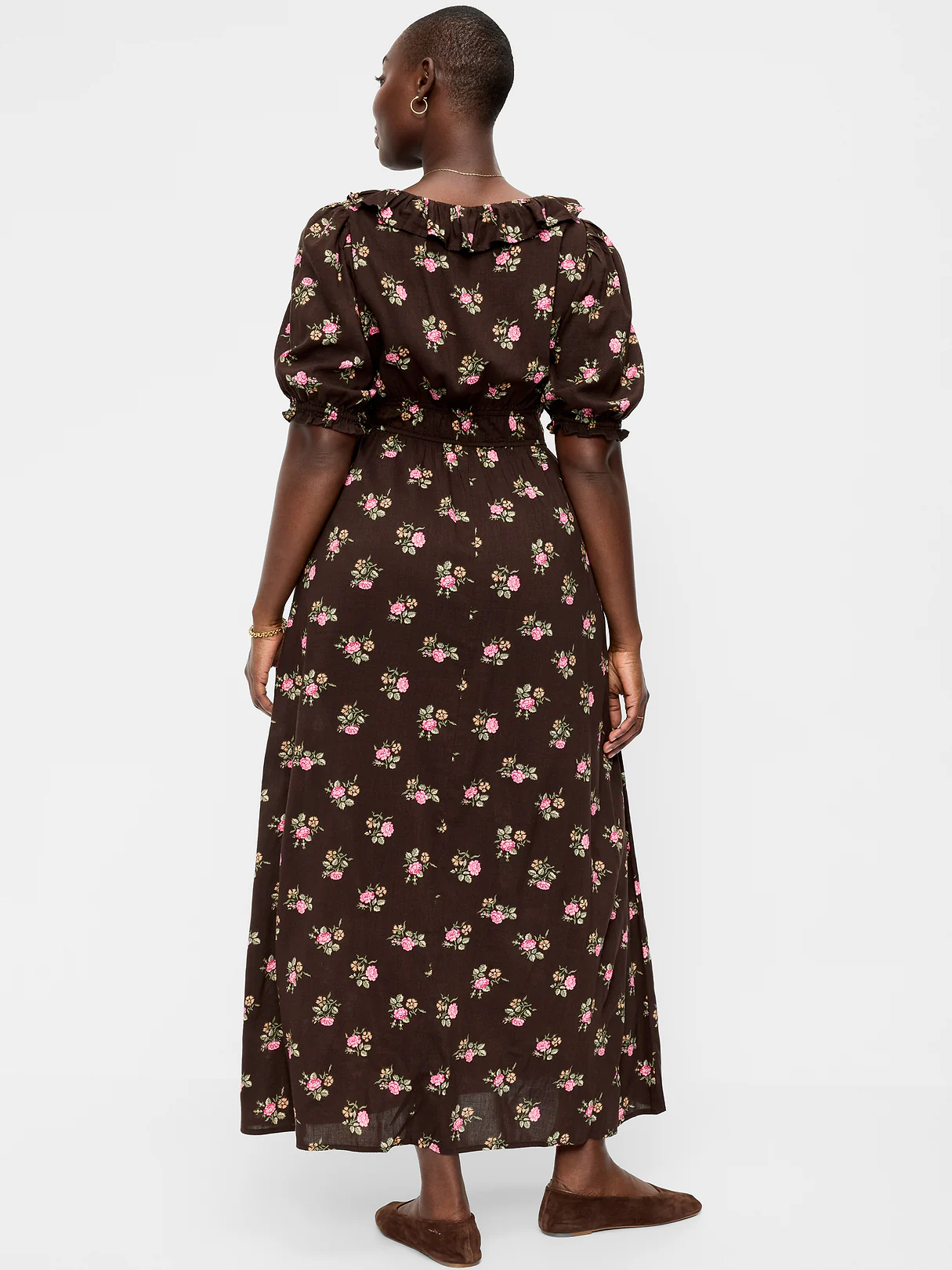 Ruffle-Collar Boho Maxi Dress - Brown Floral