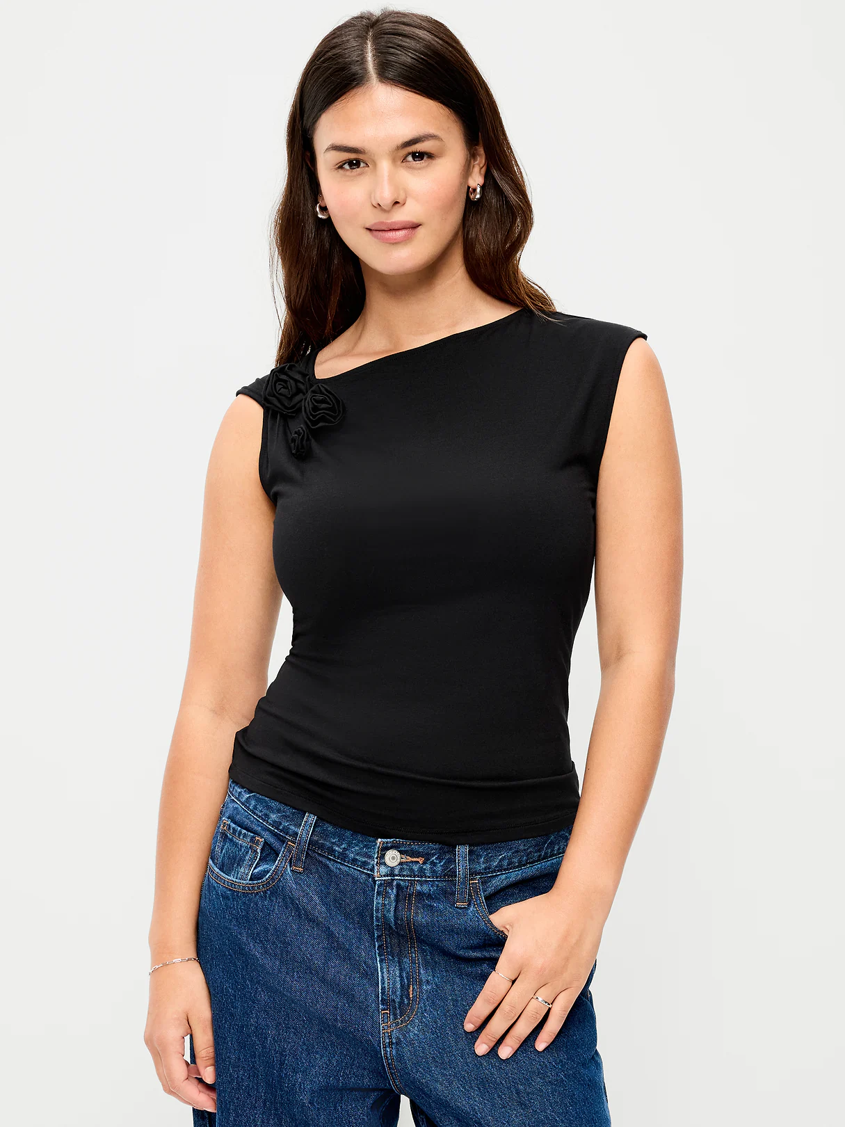 Gathered-Shoulder Rosette Top - Black Jack
