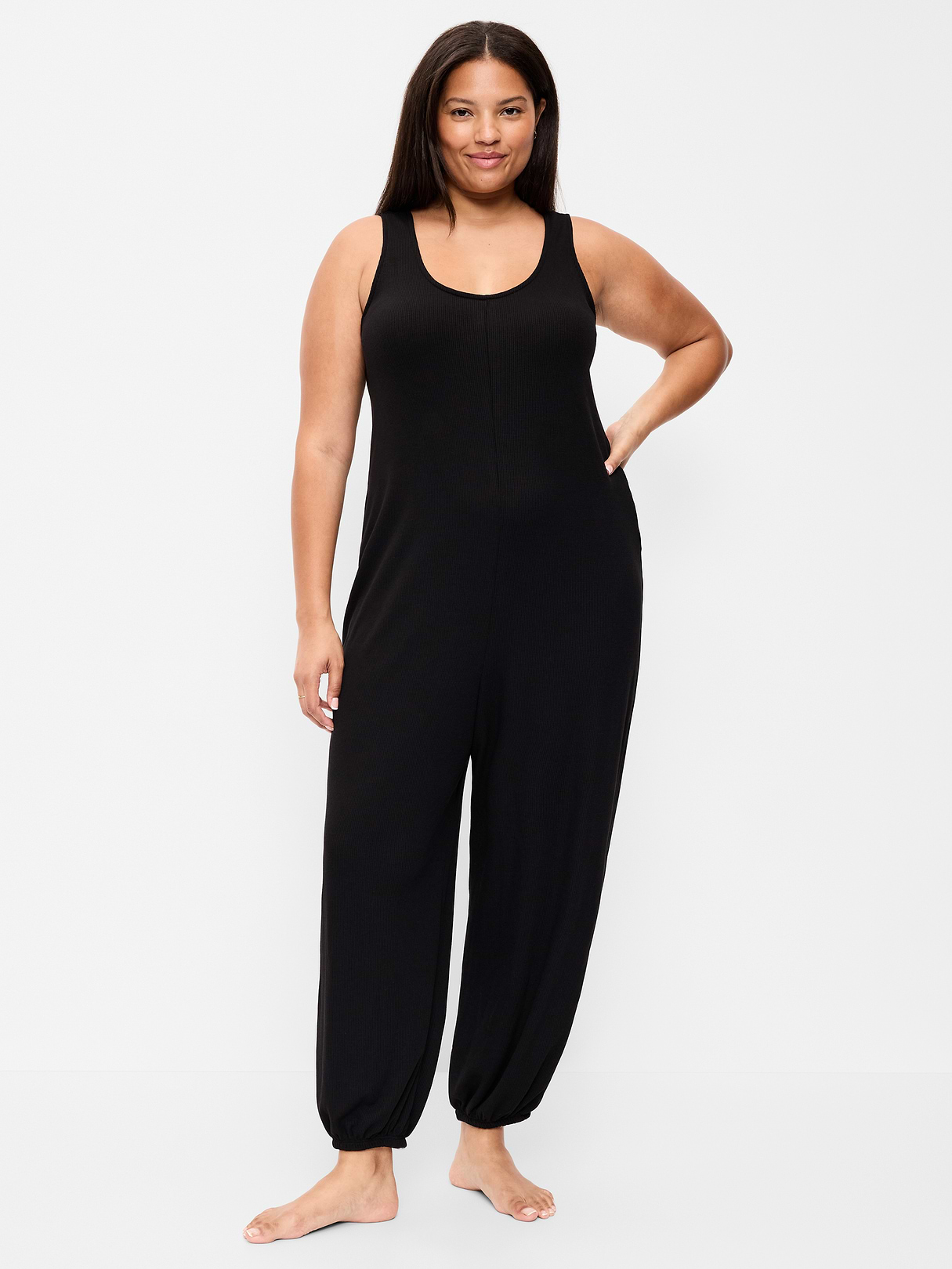 Waffle-Knit Harem-Leg Pajama Jumpsuit - Black Jack