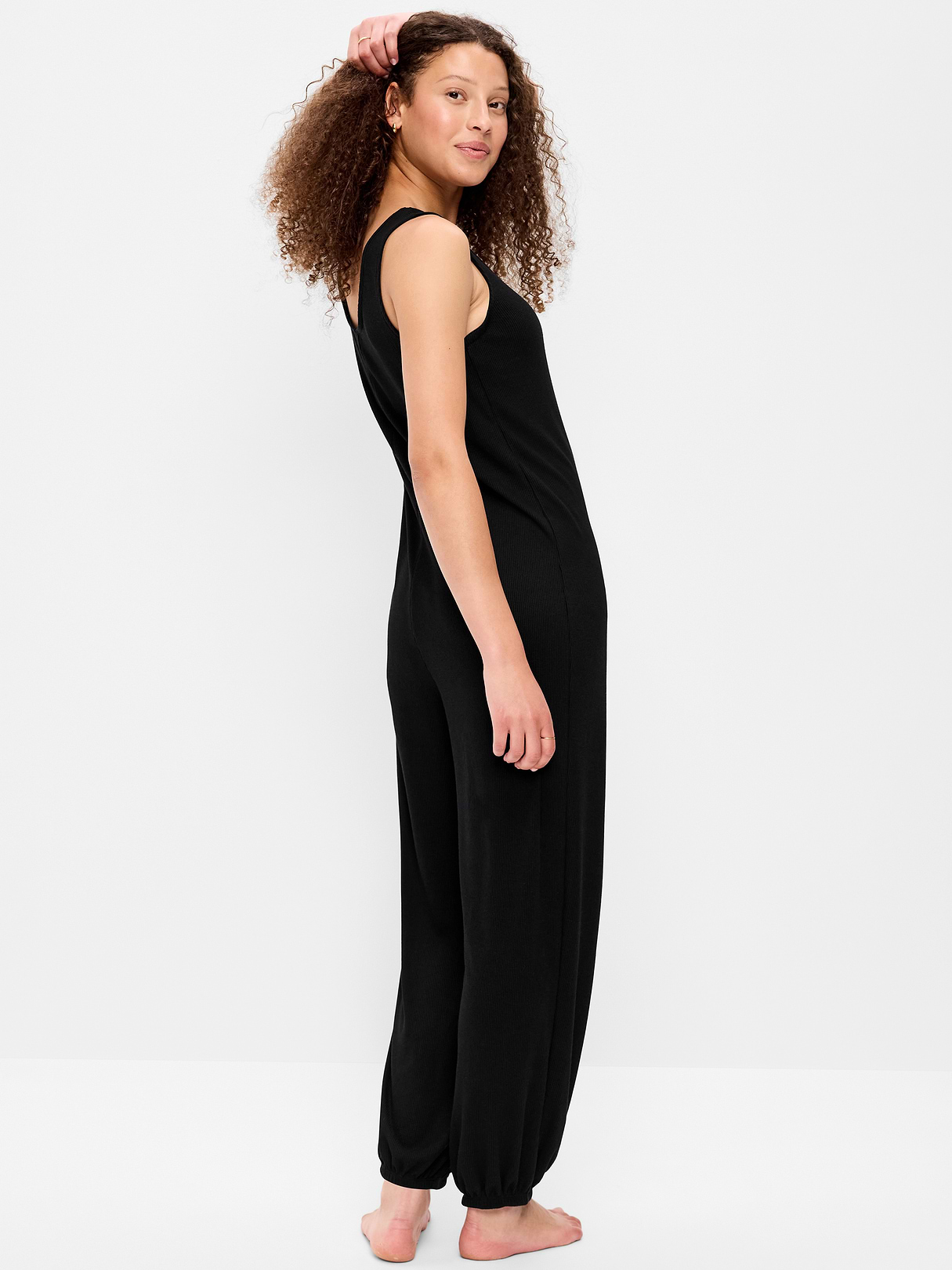 Waffle-Knit Harem-Leg Pajama Jumpsuit - Black Jack