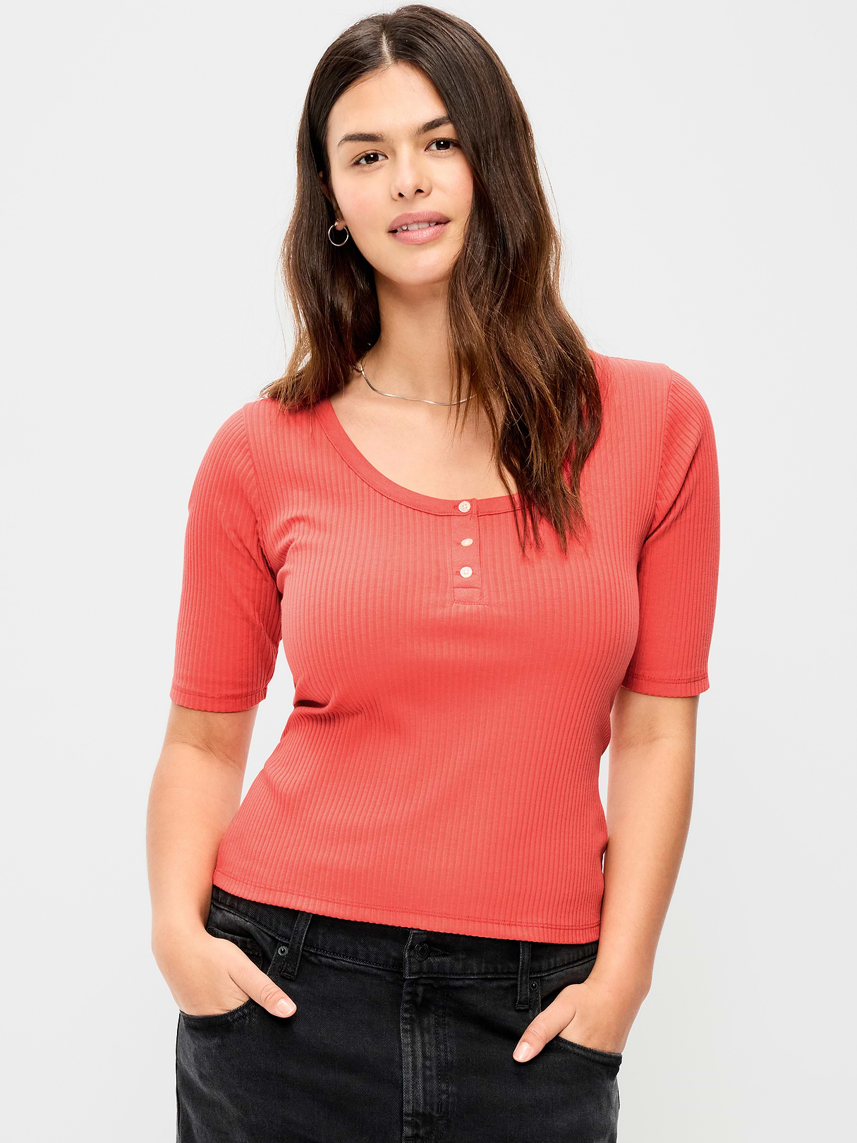 Scoop-Neck Fitted Henley Top - Ginger Cake