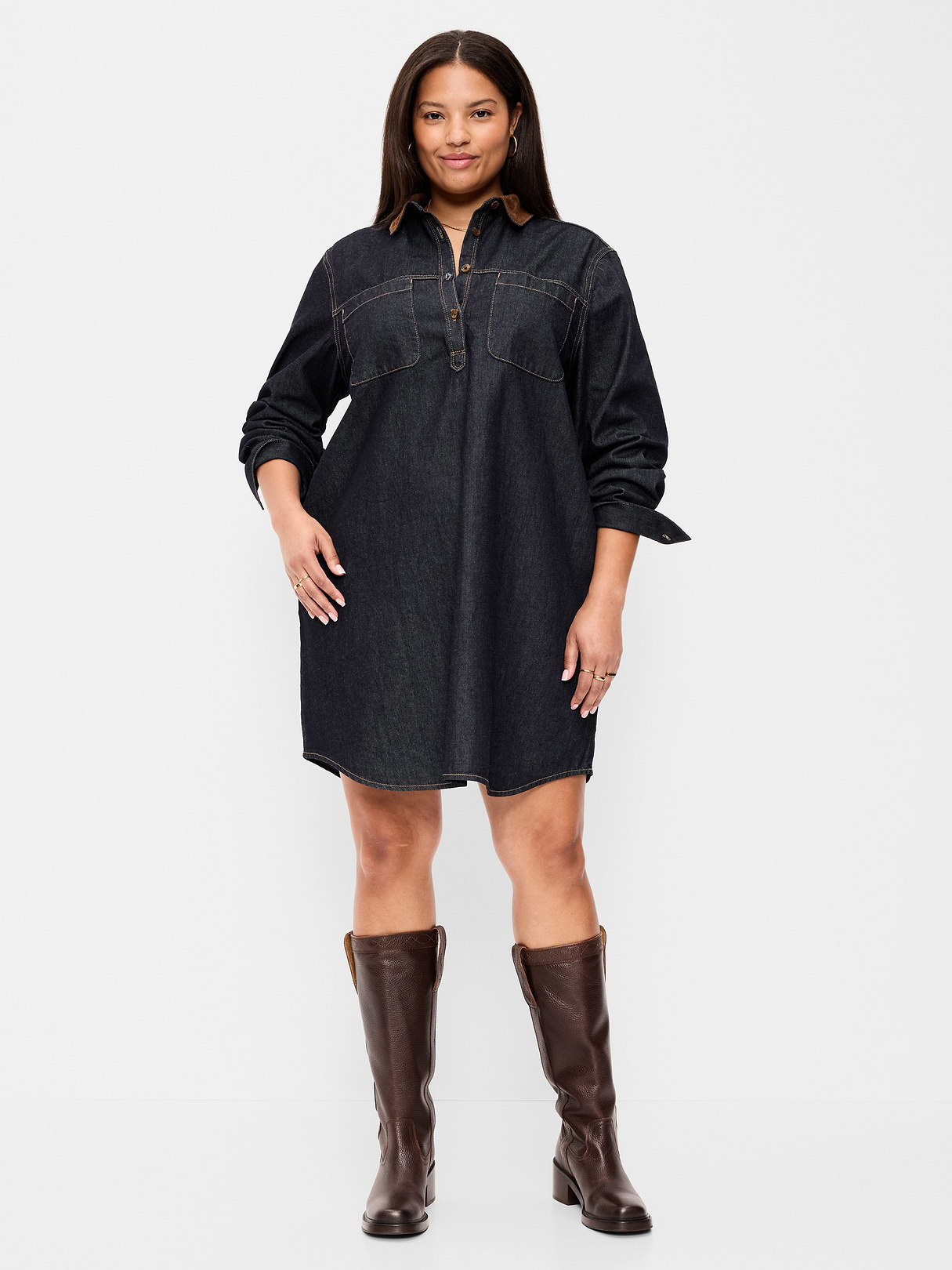 Long-Sleeve Button-Down Mini Shirt Dress - Dark Wash