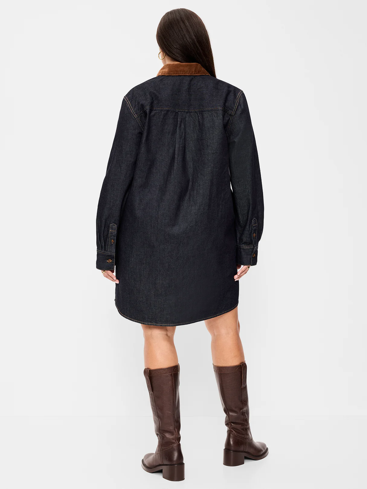 Long-Sleeve Button-Down Mini Shirt Dress - Dark Wash