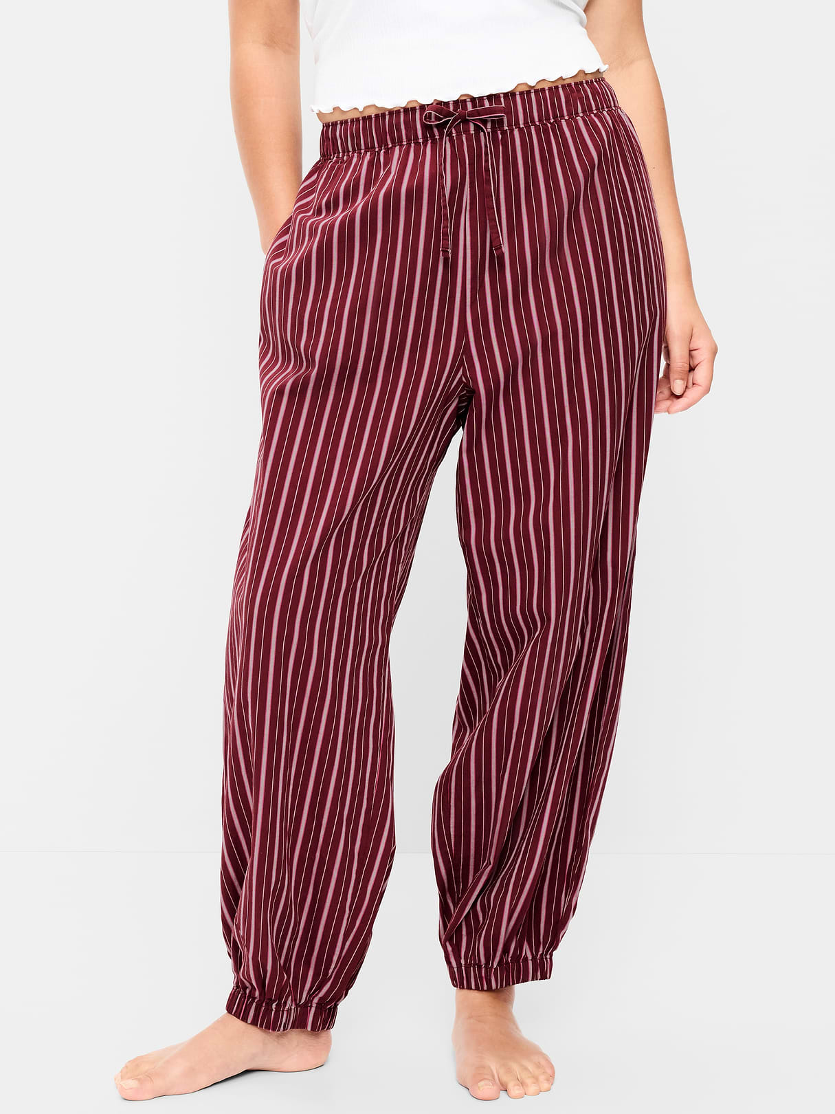 Cinched Poplin Balloon Pants - Burgundy Stripe