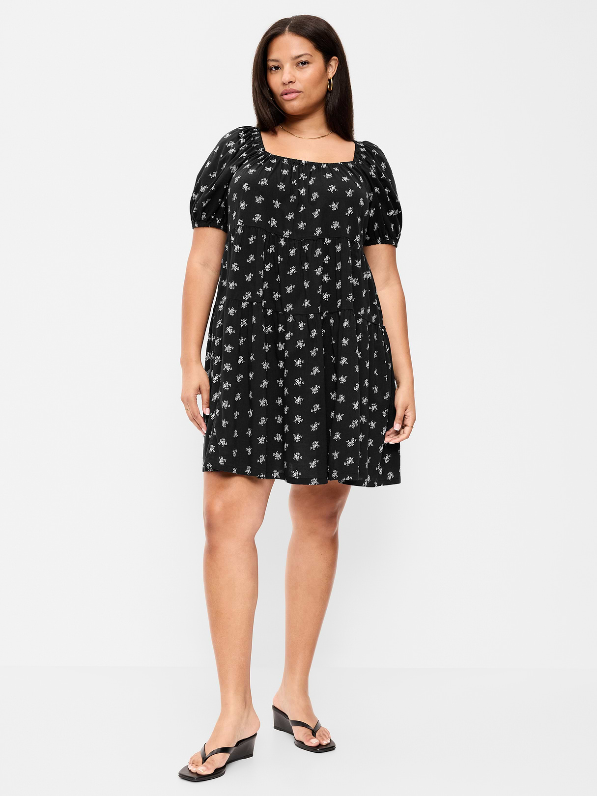 Puff-Sleeve Smocked Mini Swing Dress - Black Floral