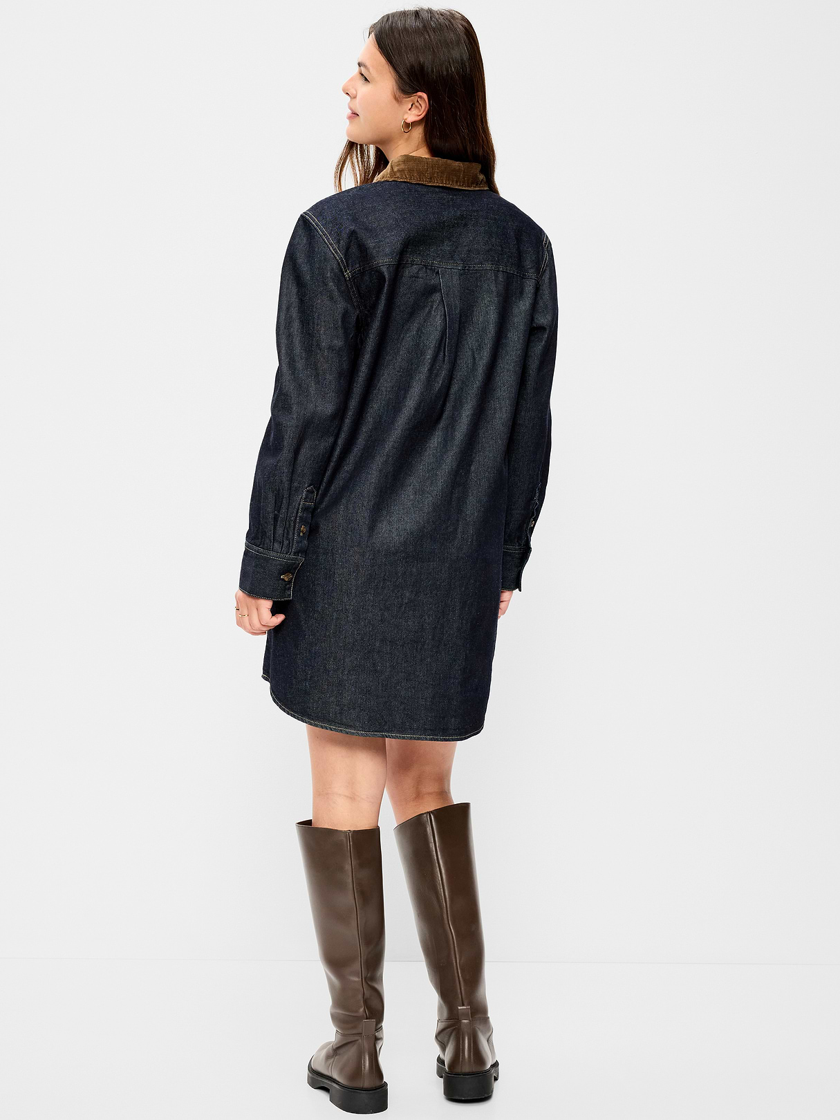Long-Sleeve Button-Down Mini Shirt Dress - Dark Wash