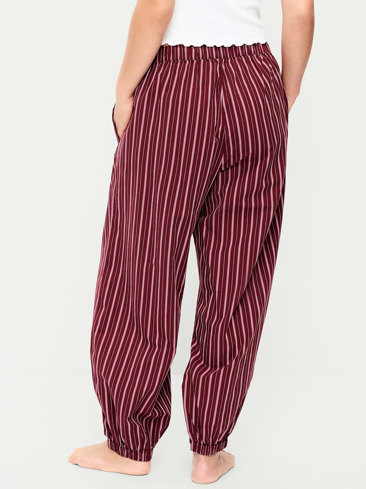 Cinched Poplin Balloon Pants - Burgundy Stripe