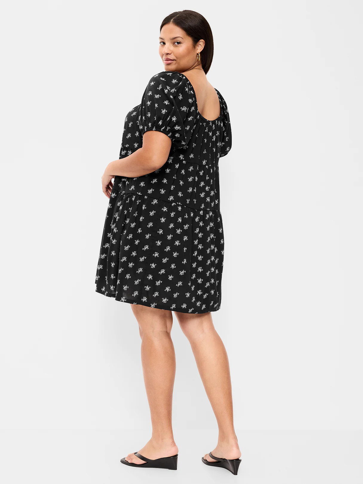 Puff-Sleeve Smocked Mini Swing Dress - Black Floral