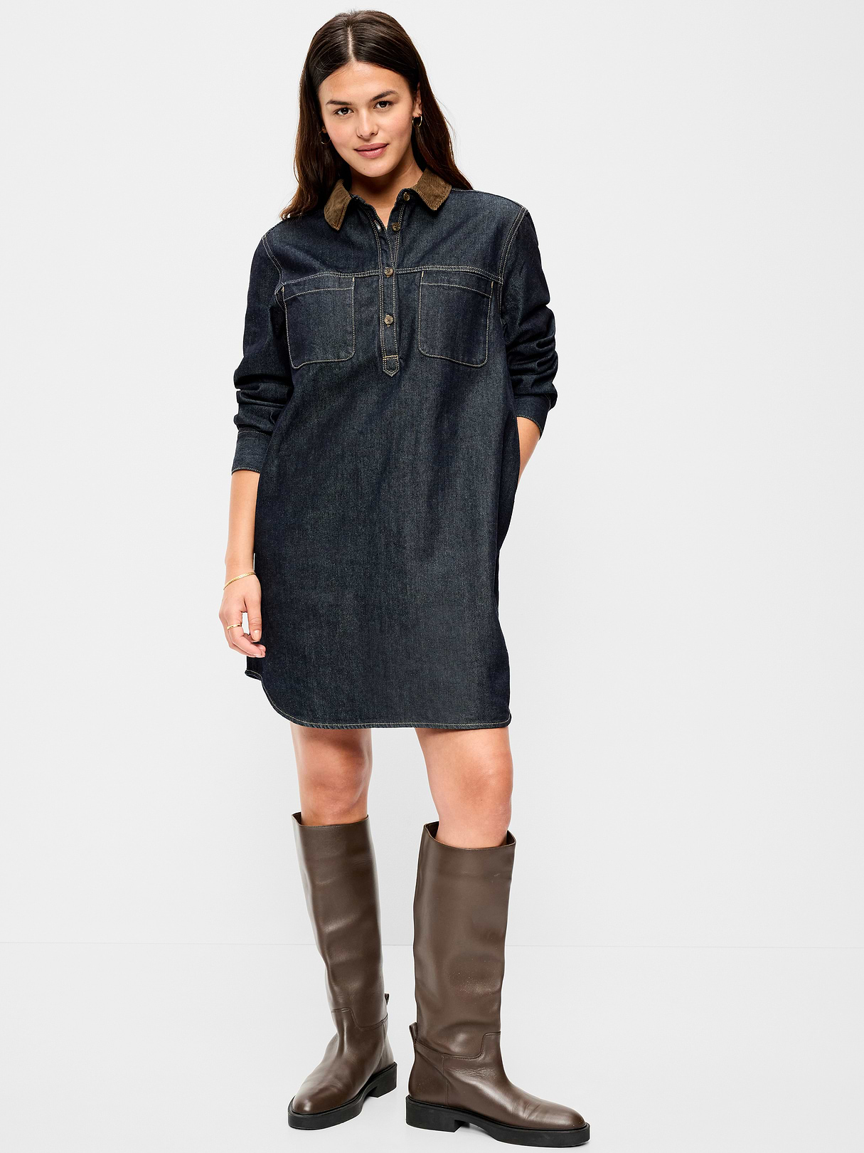 Long-Sleeve Button-Down Mini Shirt Dress - Dark Wash