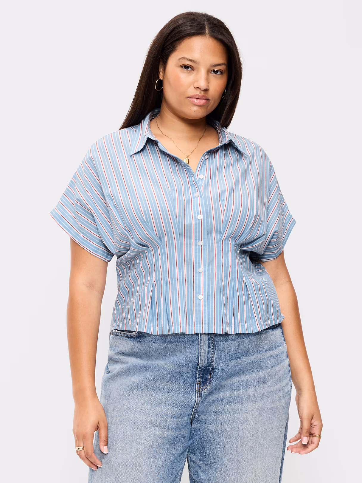 Slim-Waisted Button-Down Shirt - Blue Stripe
