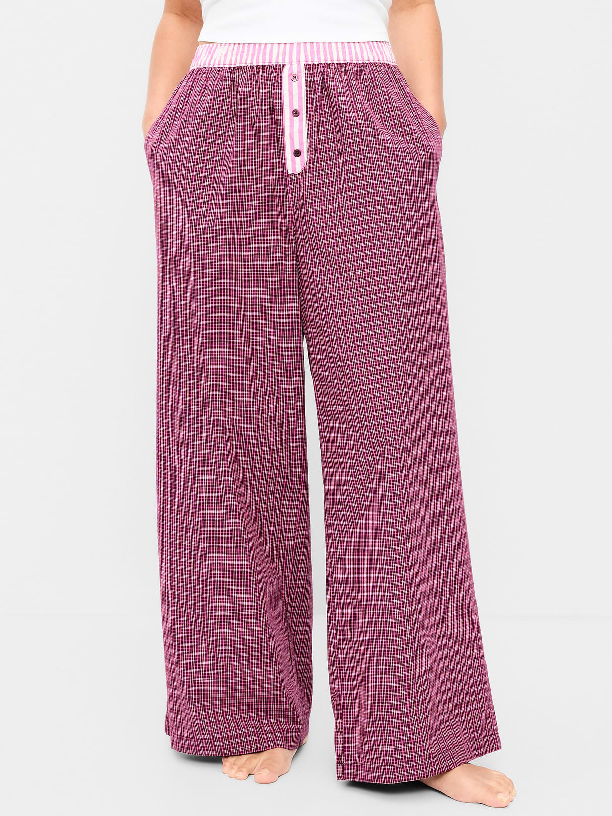 Poplin Wide-Leg Pajama Pants - Dark Red Plaid