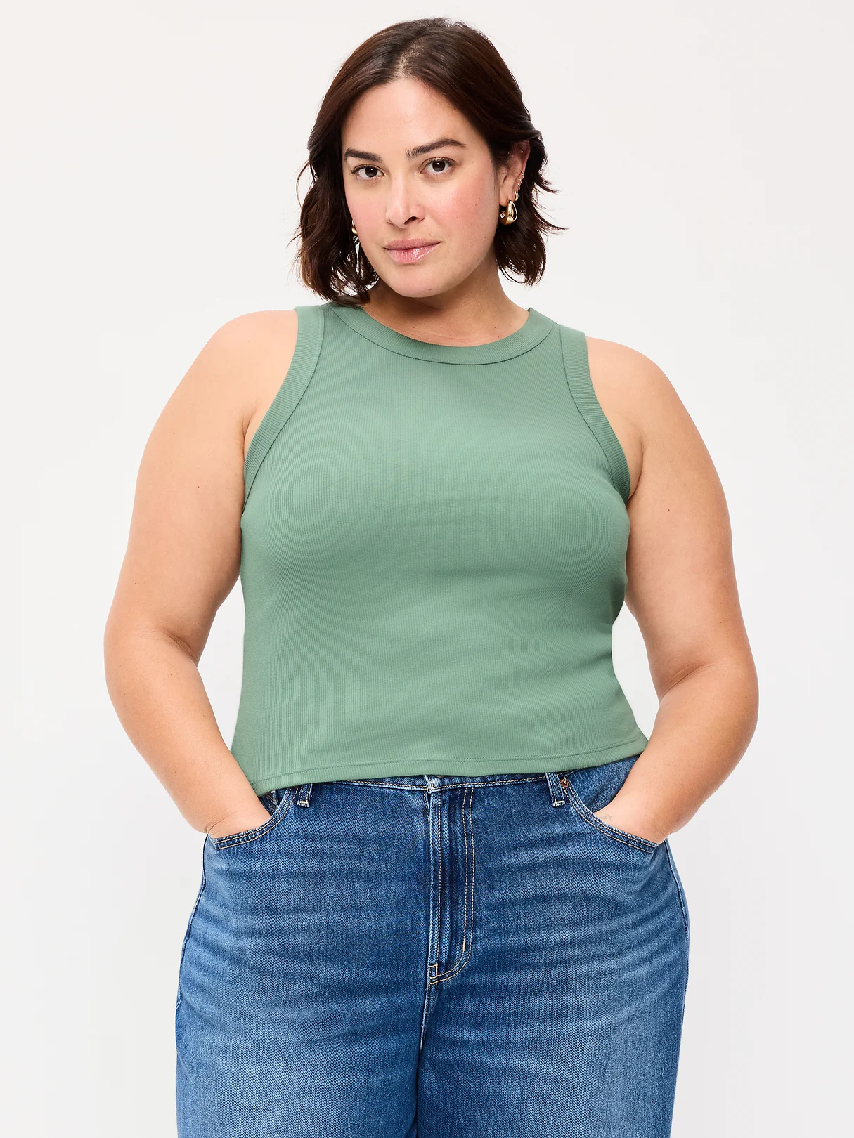 Crop Ribbed Tank Top - Herbal Green