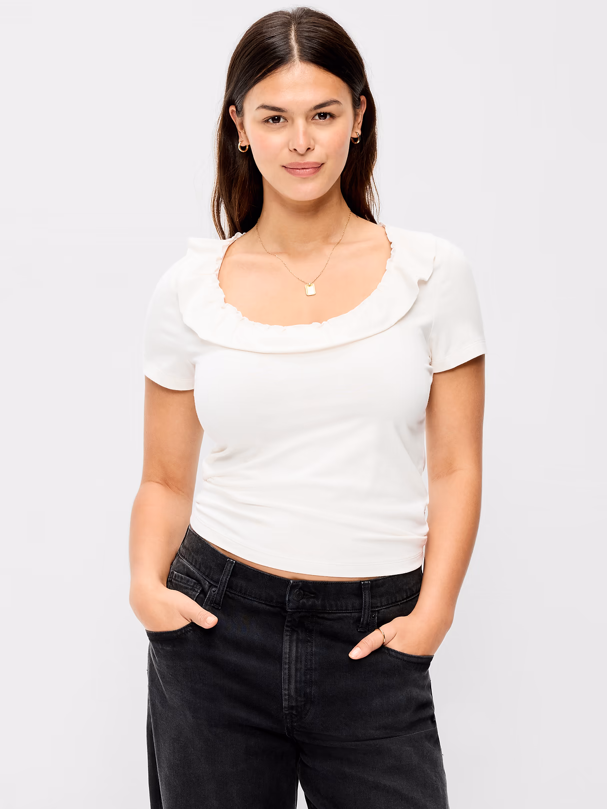 Lettuce-Edge Scoop-Neck Top - Sea Salt