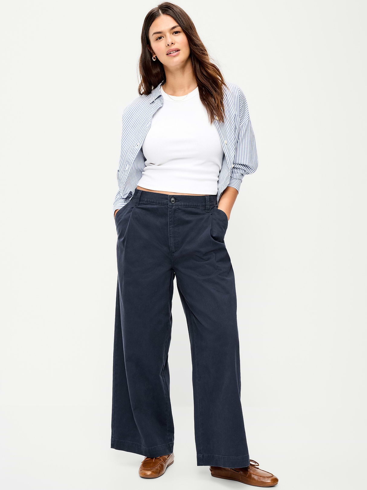 Mid-Rise Pleated Wide-Leg Pants - Navy Captain
