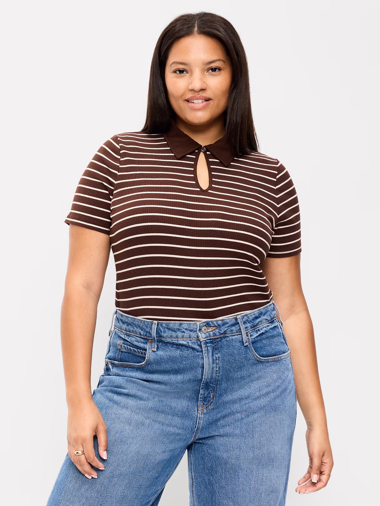 Keyhole Polo Top - Earth Brown Stripe