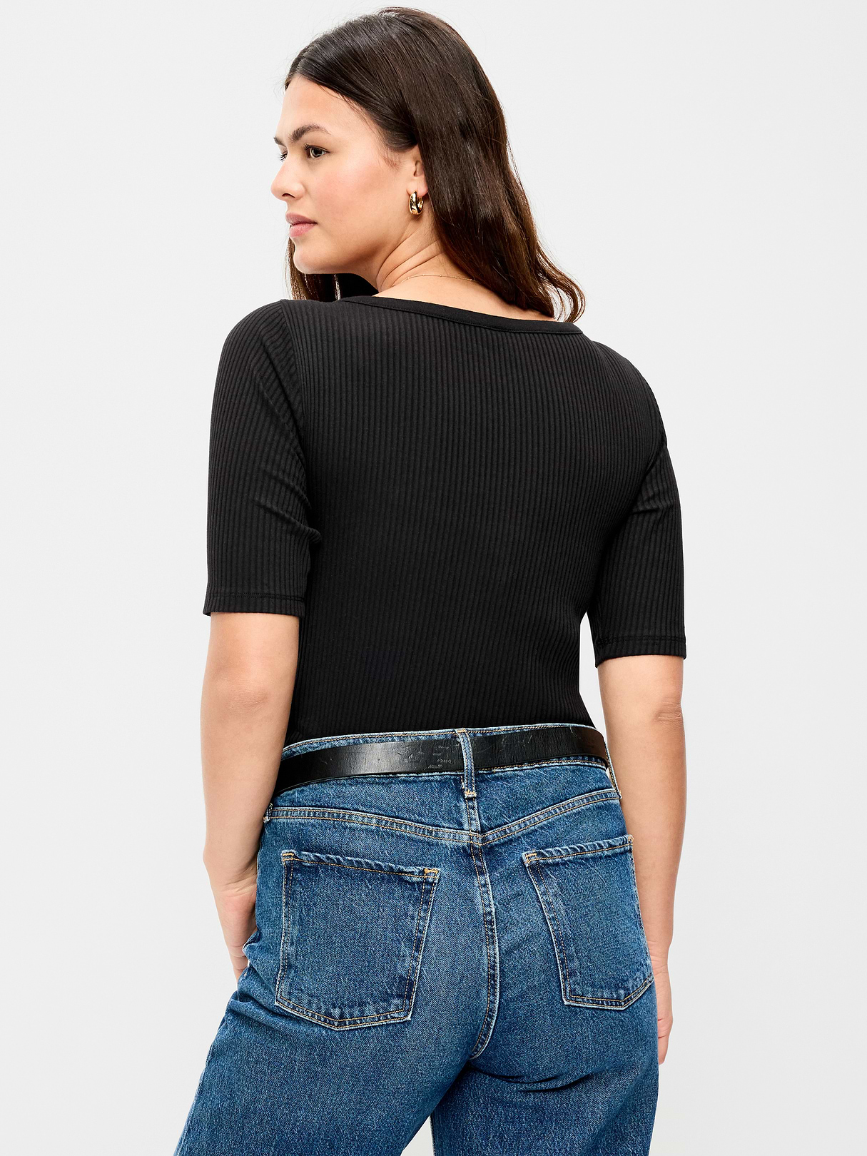Scoop-Neck Fitted Henley Top - Light Black Heather