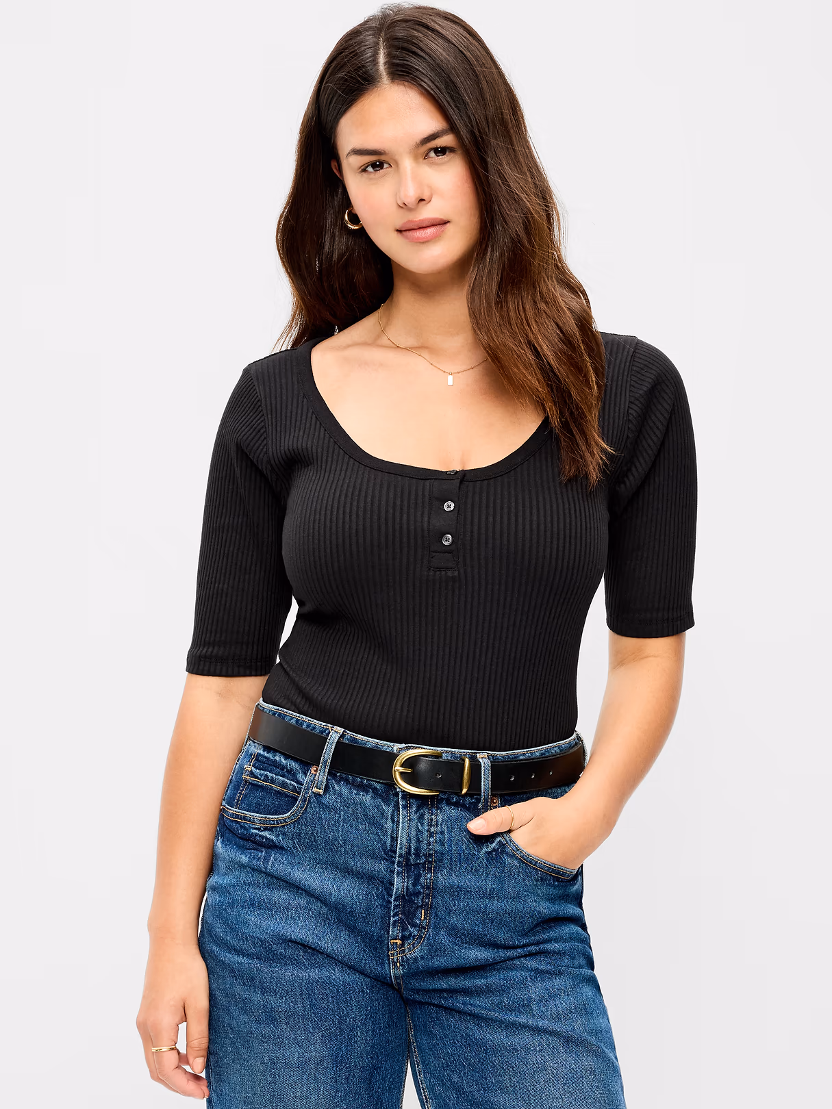 Scoop-Neck Fitted Henley Top - Light Black Heather