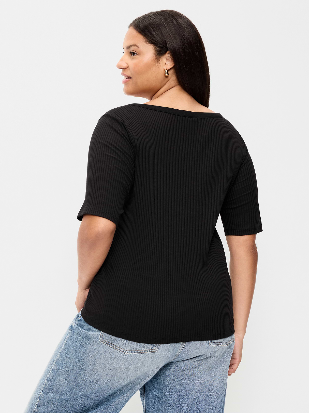Scoop-Neck Fitted Henley Top - Light Black Heather