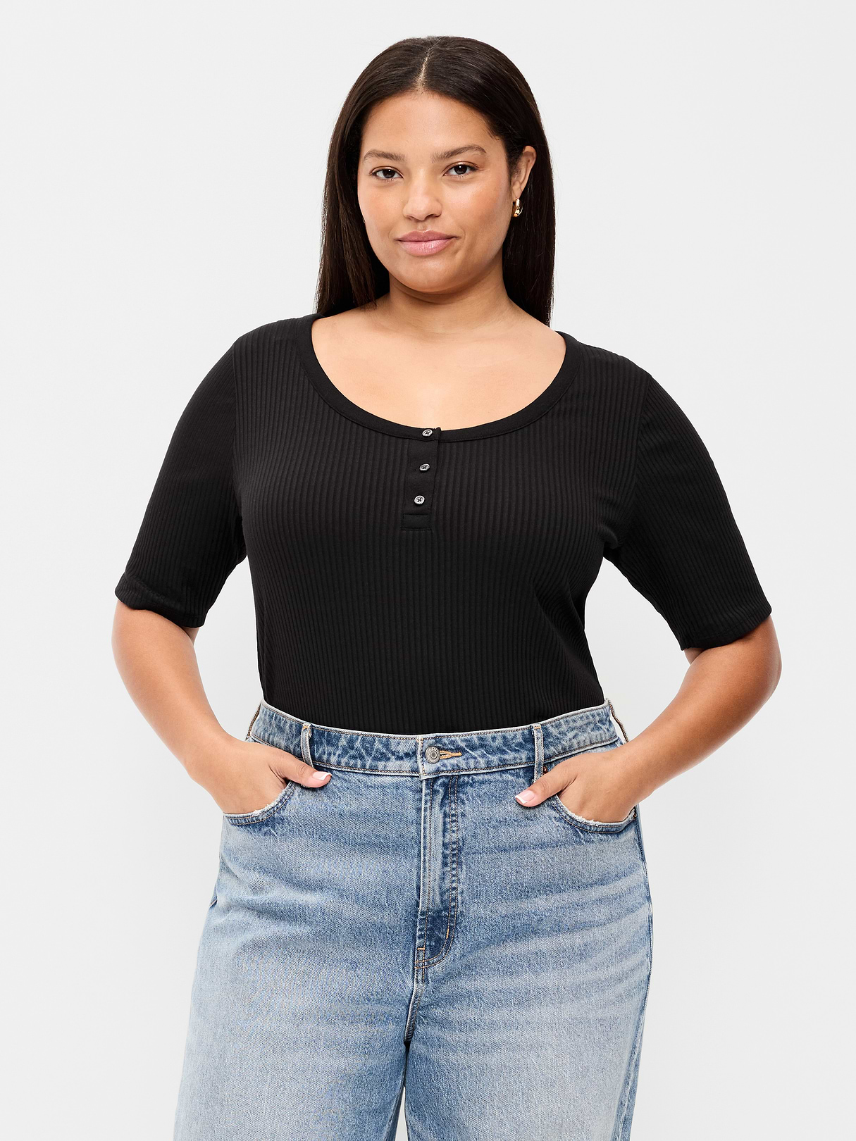 Scoop-Neck Fitted Henley Top - Light Black Heather