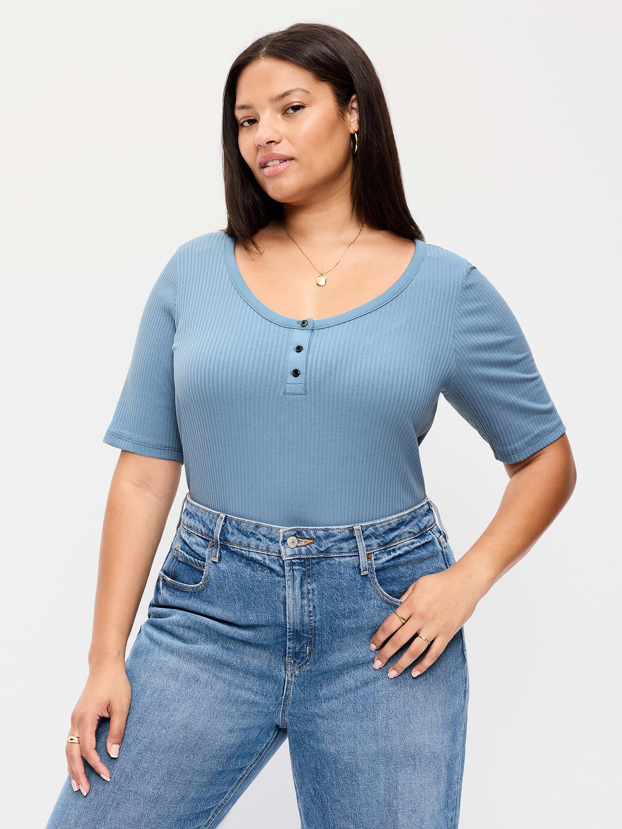 Scoop-Neck Fitted Henley Top - Naturalist Blue