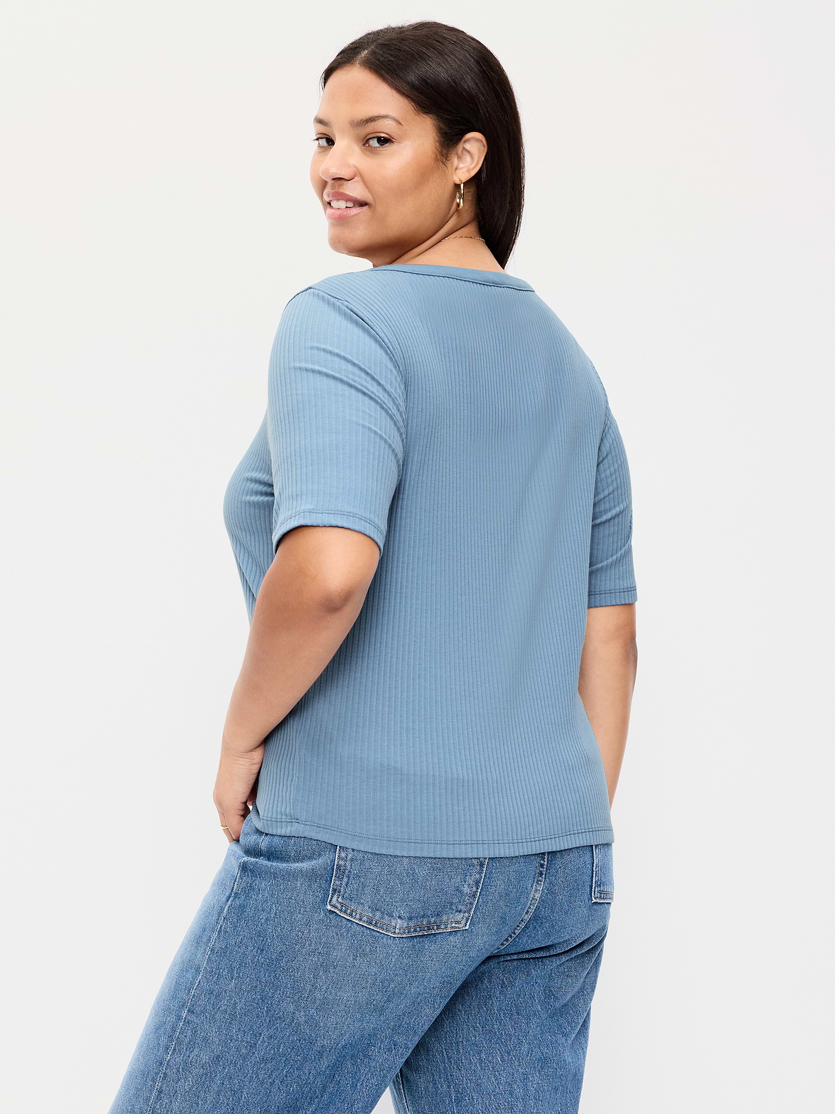 Scoop-Neck Fitted Henley Top - Naturalist Blue