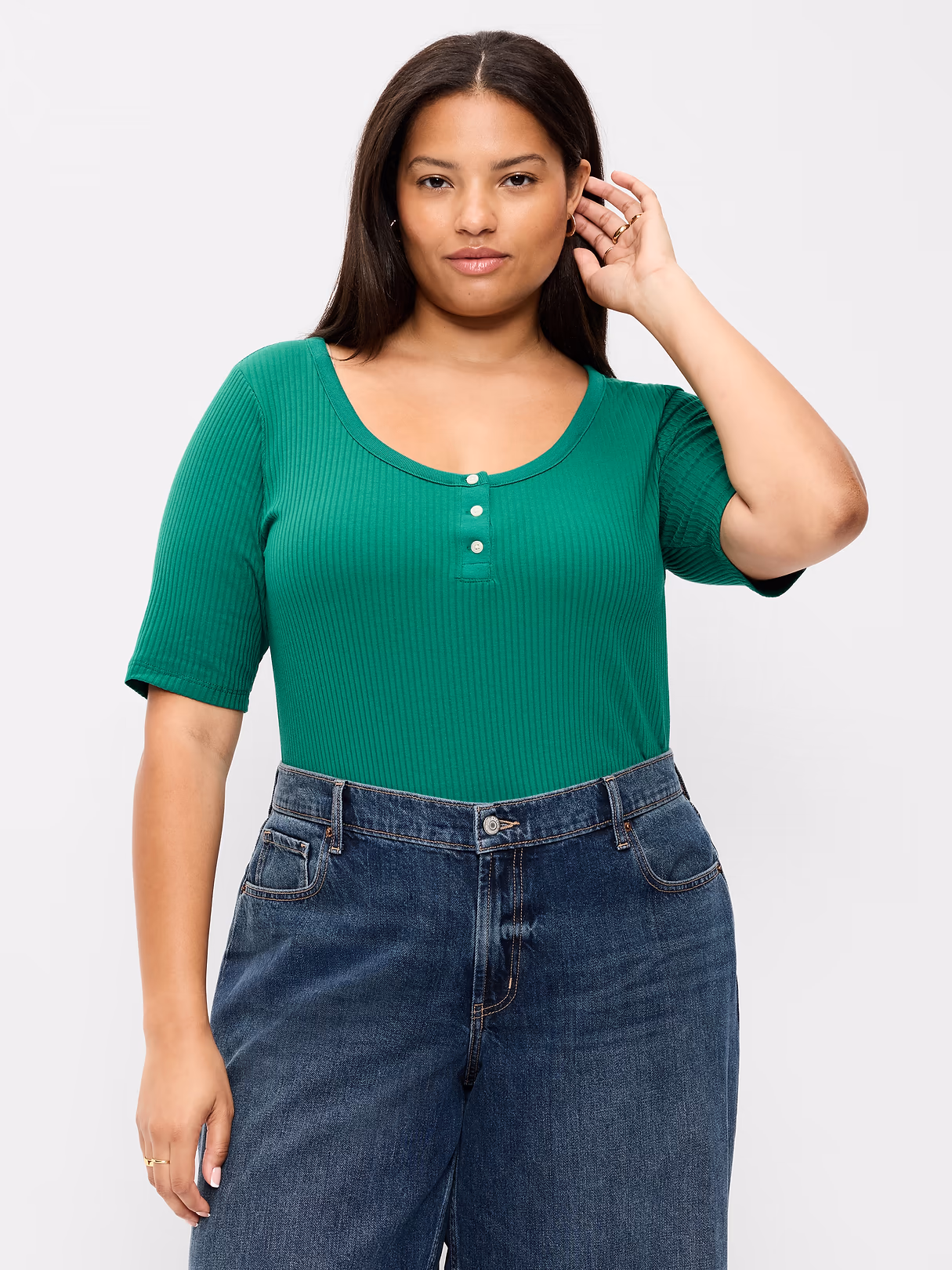 Scoop-Neck Fitted Henley Top - Rainforest Jewel