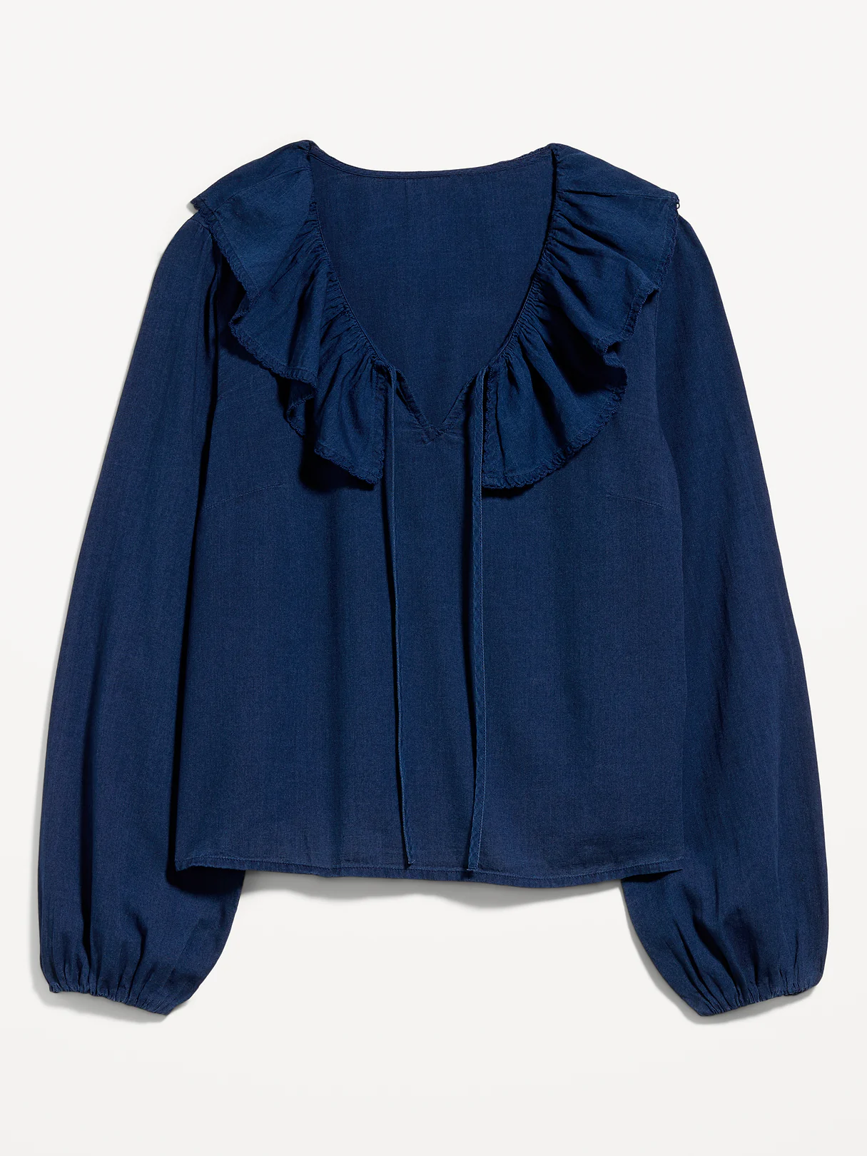 Long-Sleeve Ruffle Tie-Neck Top - Medium Wash