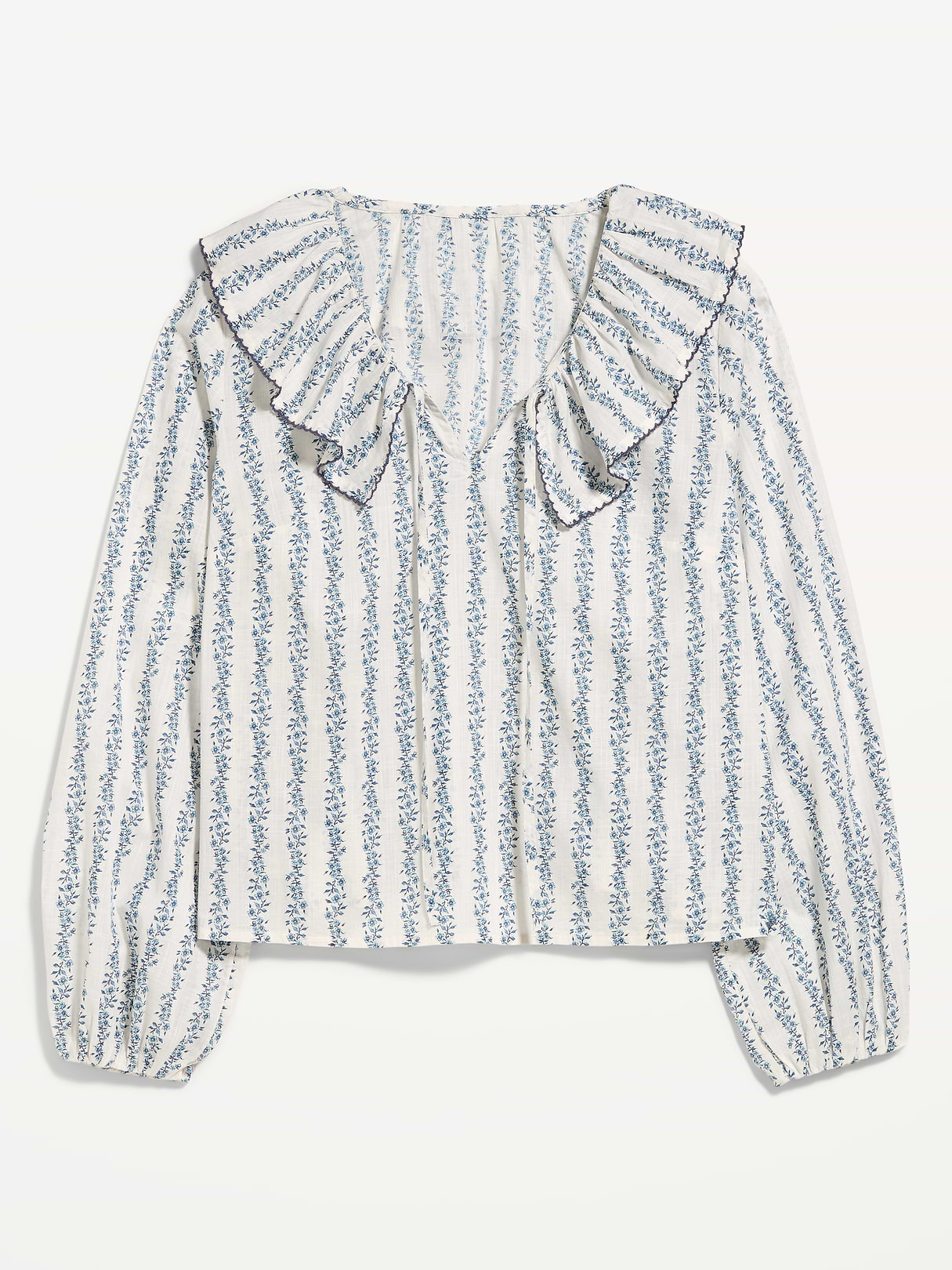 Long-Sleeve Ruffle Tie-Neck Top - White/Blue Floral