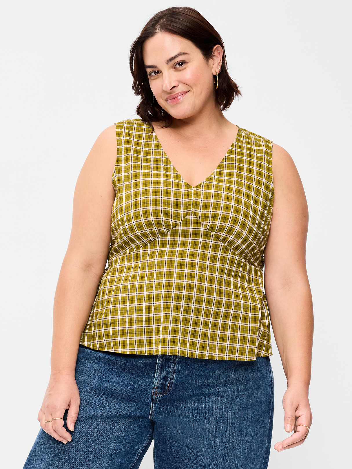 Sleeveless V-Neck Tie-Back Top - Green Plaid