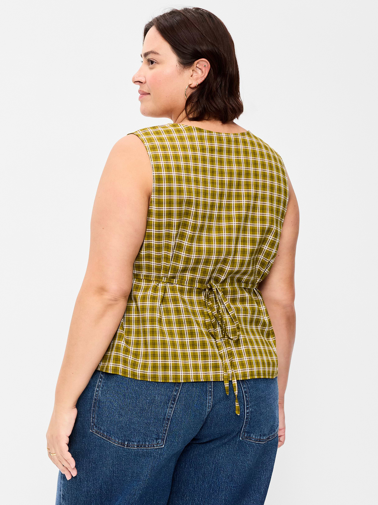 Sleeveless V-Neck Tie-Back Top - Green Plaid