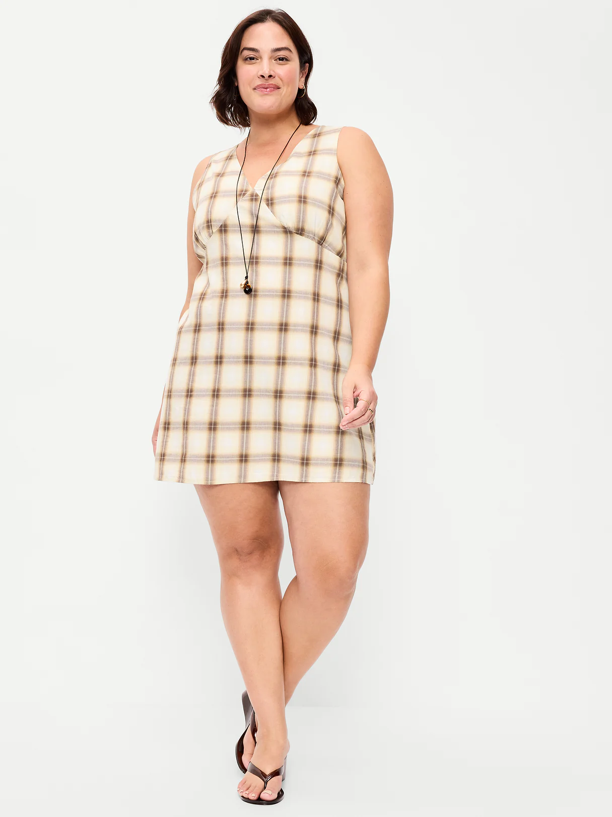 Sleeveless A-Line Mini Dress - Cream/Brown Plaid