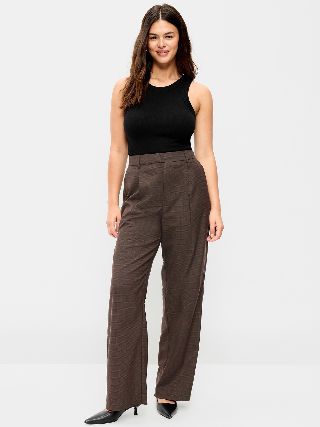 Extra High-Waisted Taylor Wide-Leg Trouser Pants - Brown Plaid